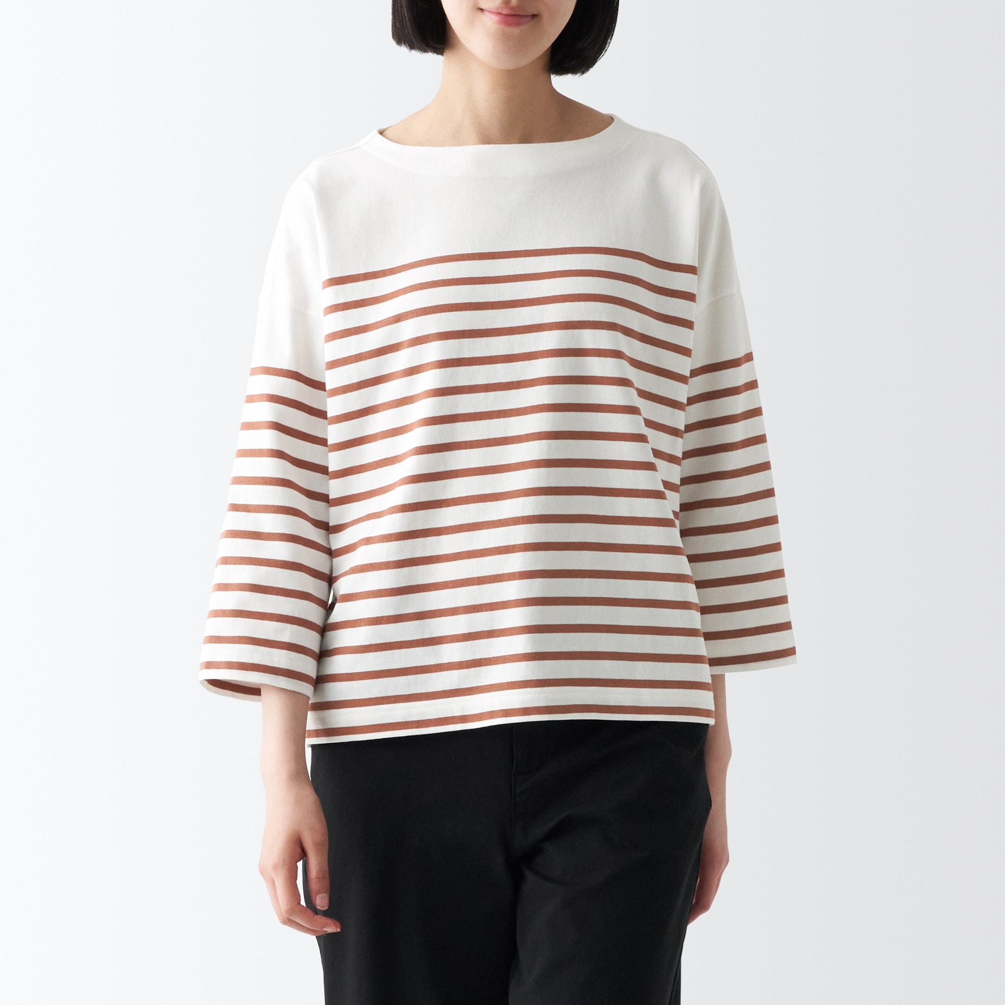 太番手ボートネック七分袖Ｔシャツ