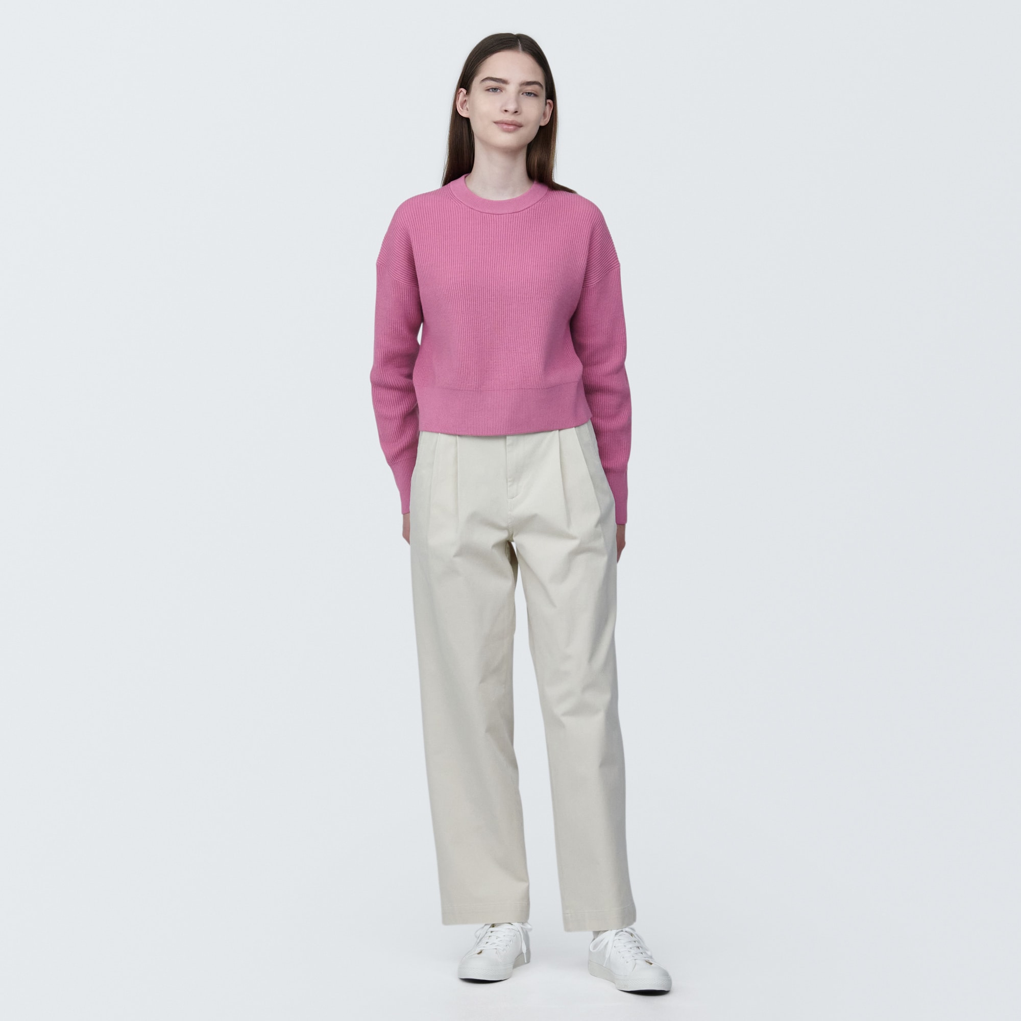 婦人　洗える畦編みショート丈クルーネックセーター