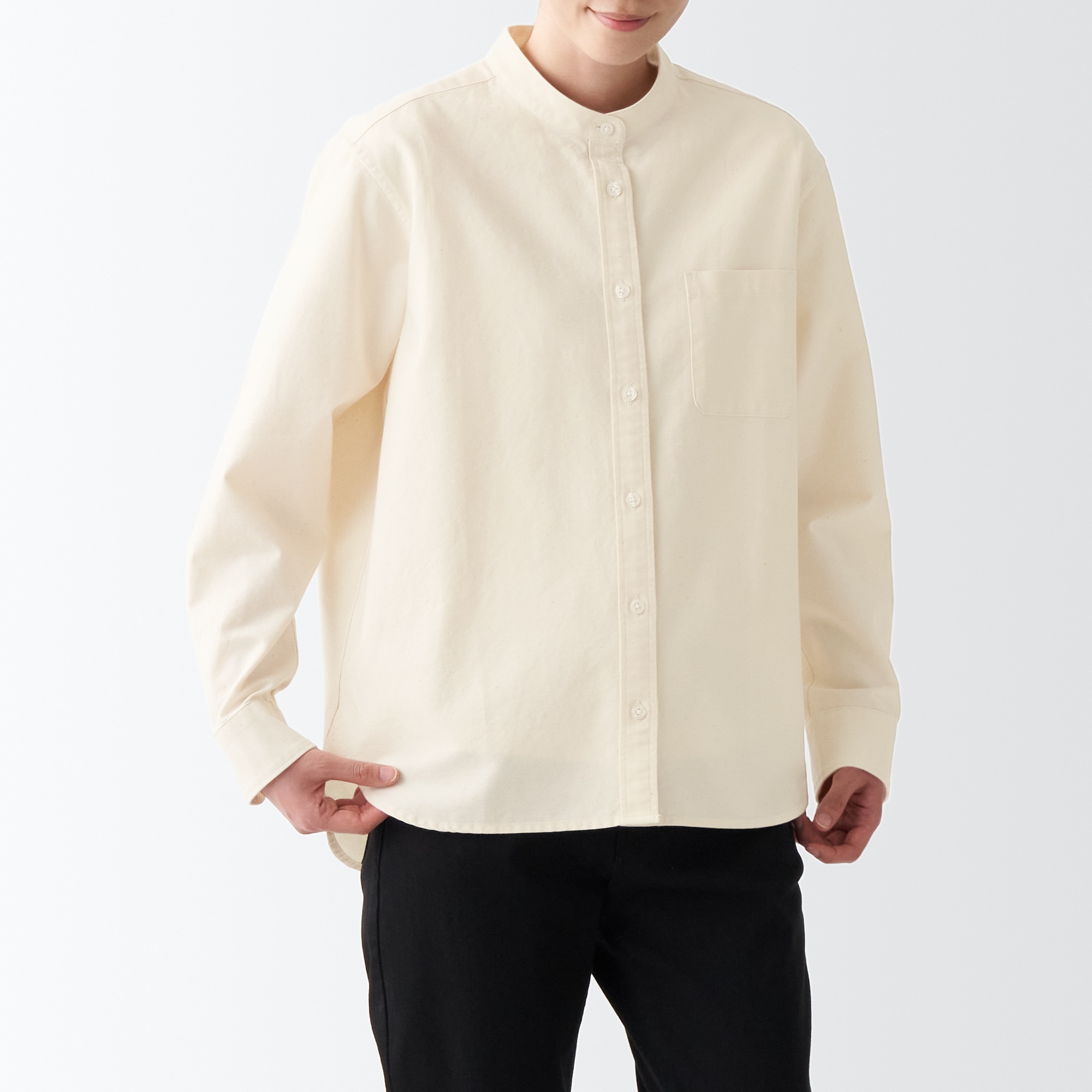 洗いざらしオックススタンドカラーシャツ