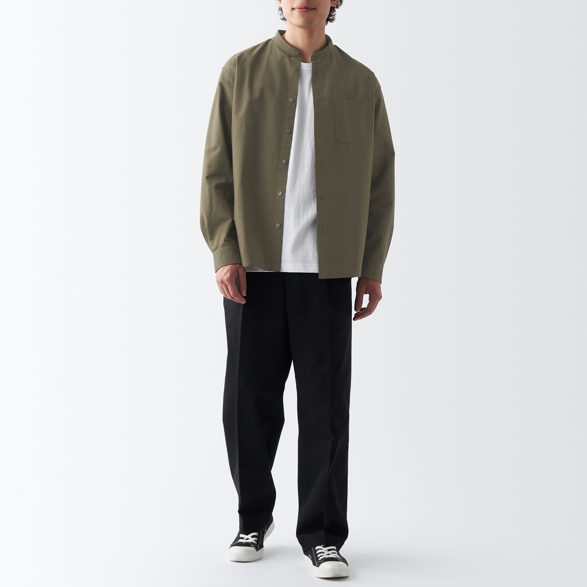 洗いざらしオックススタンドカラー長袖シャツ