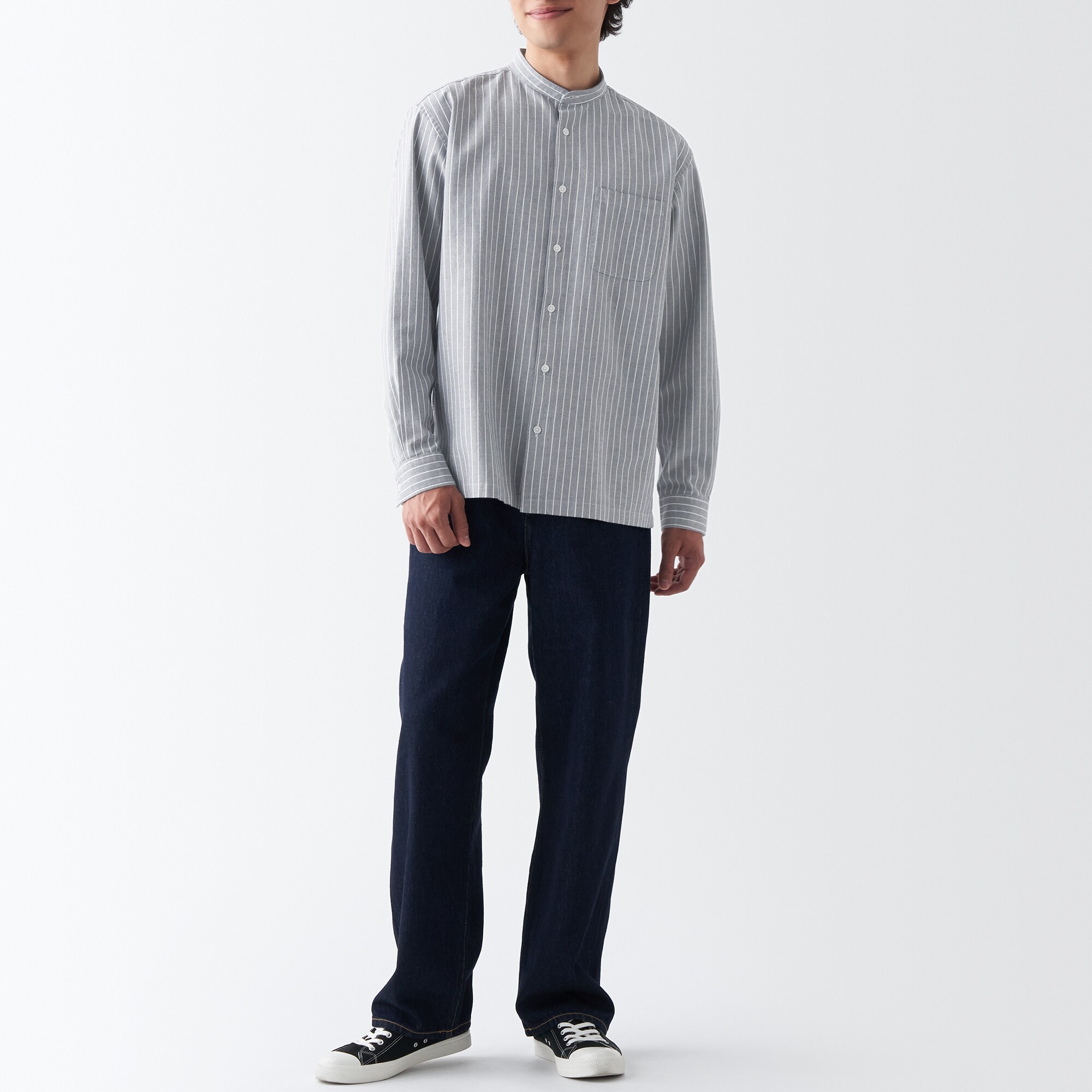 洗いざらしオックススタンドカラー長袖シャツ