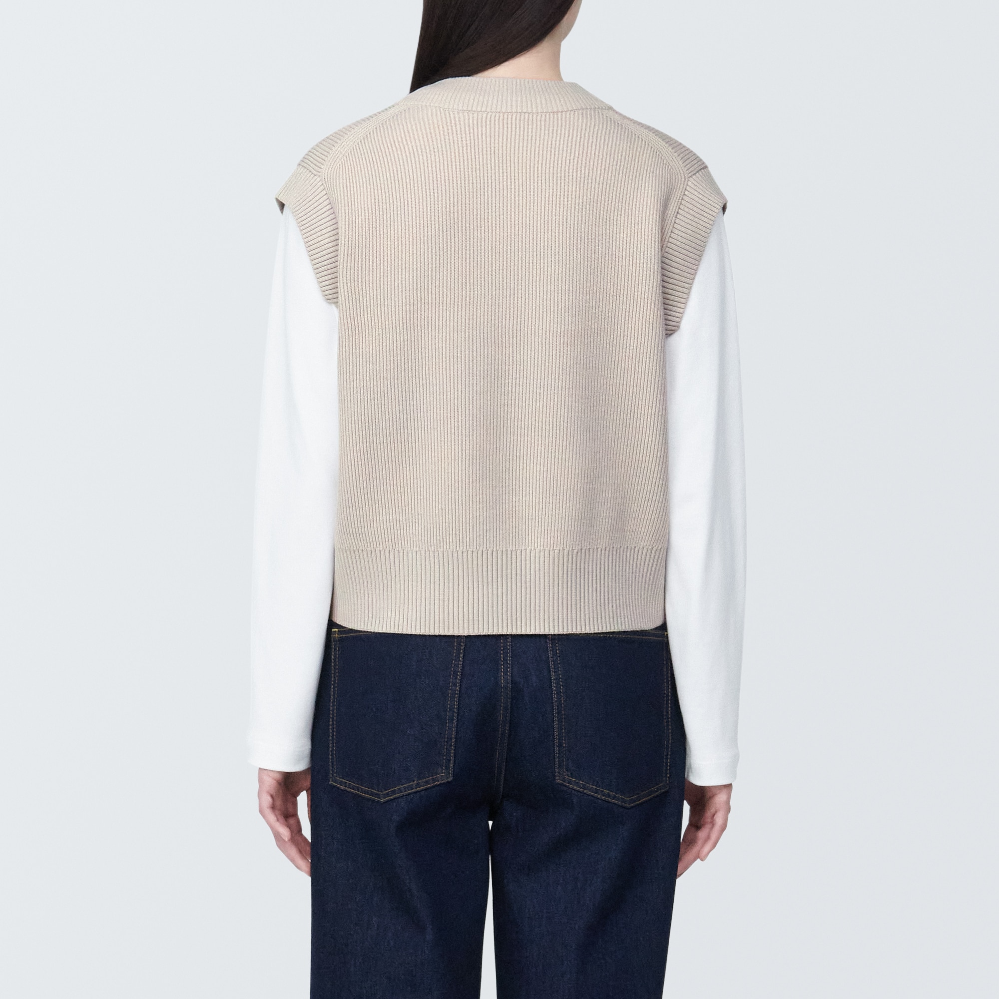 婦人　洗える畦編みショート丈Ｖネックベスト