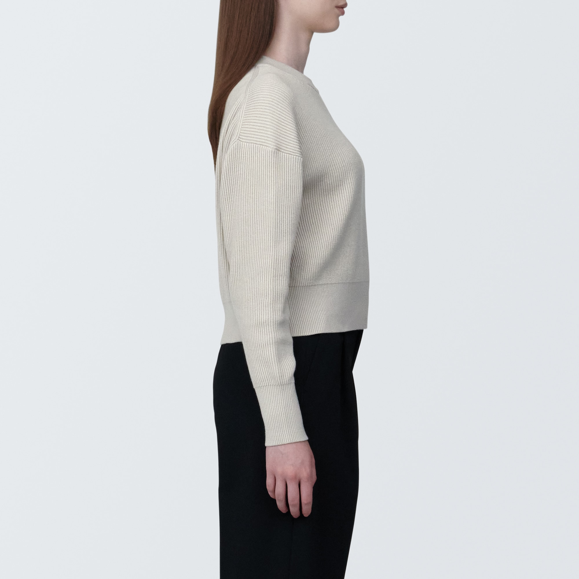 婦人　洗える畦編みショート丈クルーネックセーター