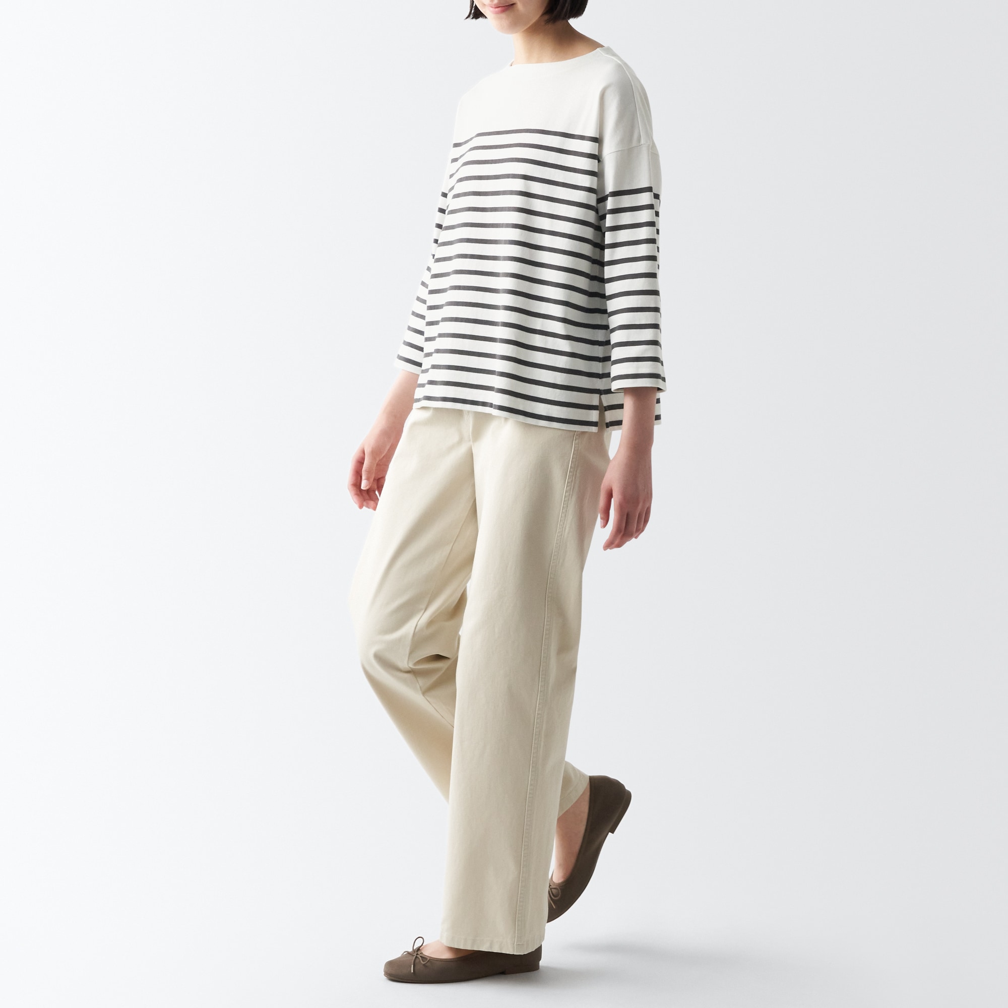 太番手ボートネック七分袖Ｔシャツ