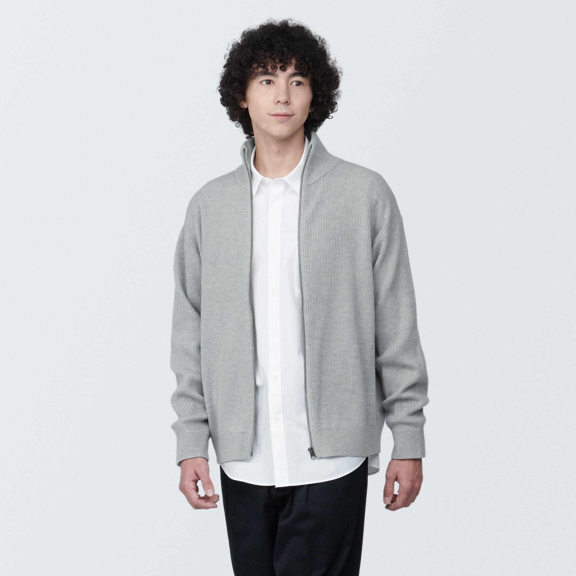 紳士　洗える畦編みフルジップカーディガン