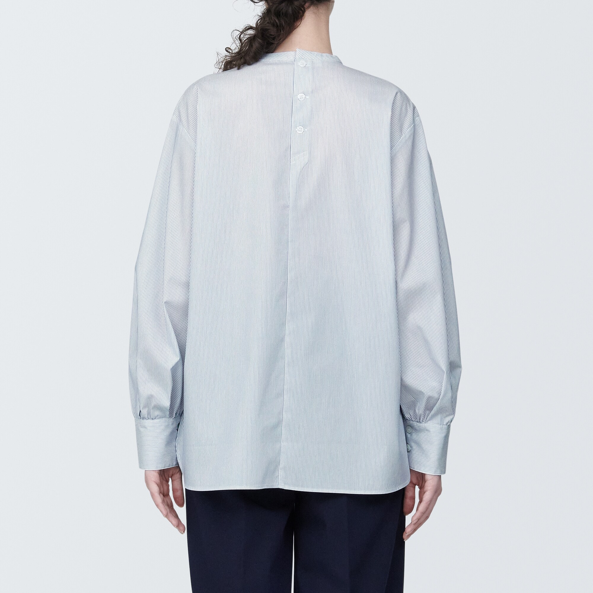 婦人　シワになりにくい　ブロードスタンドカラー長袖ブラウス