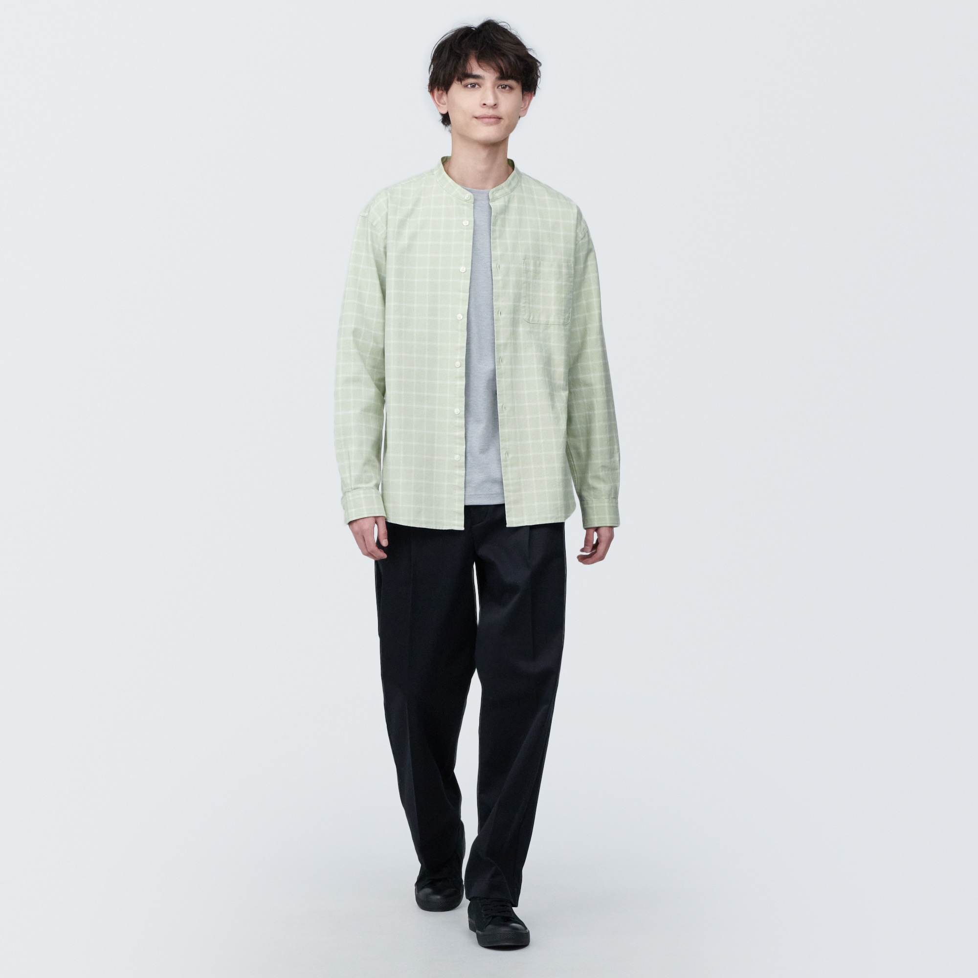 紳士　洗いざらしオックススタンドカラー長袖シャツ