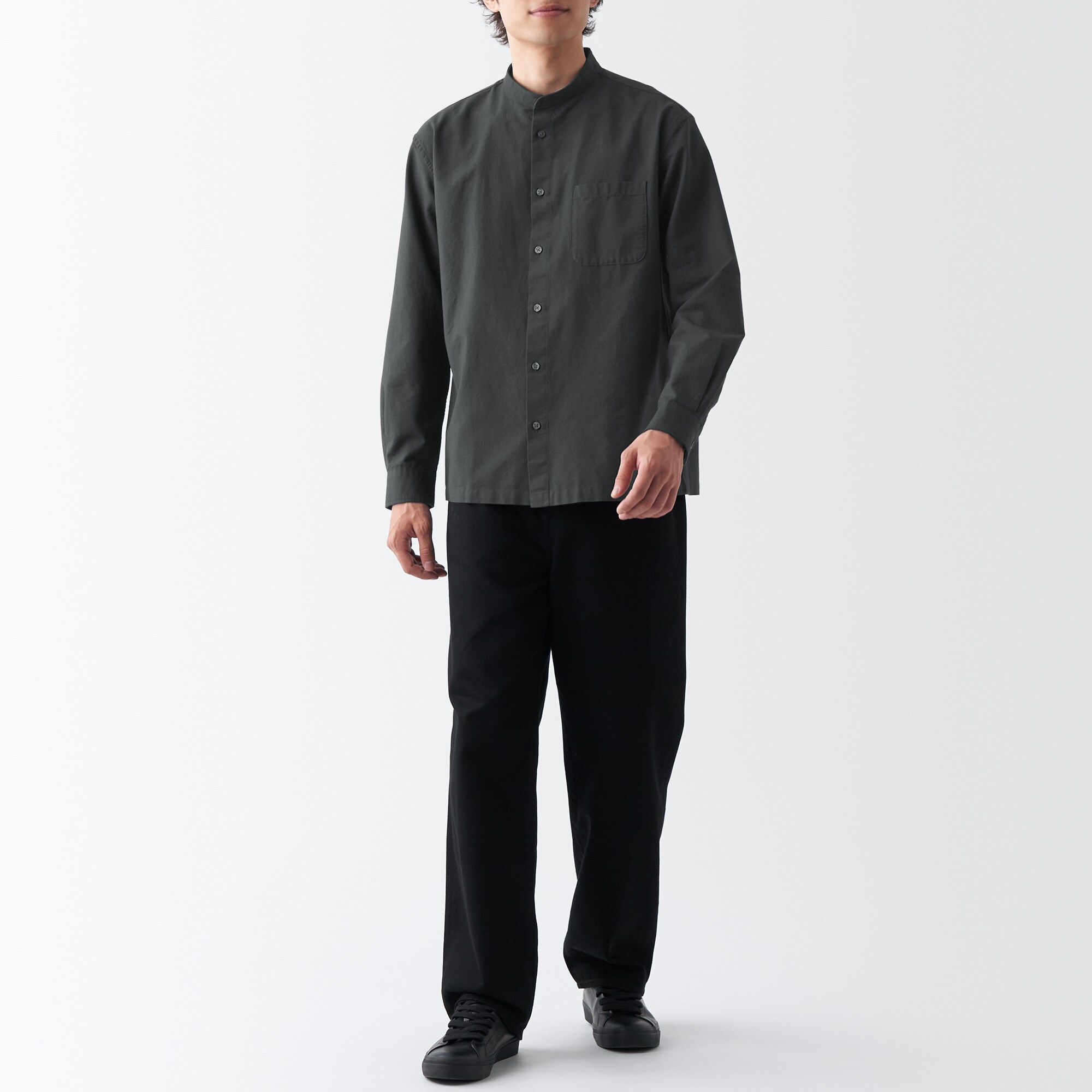 洗いざらしオックススタンドカラー長袖シャツ