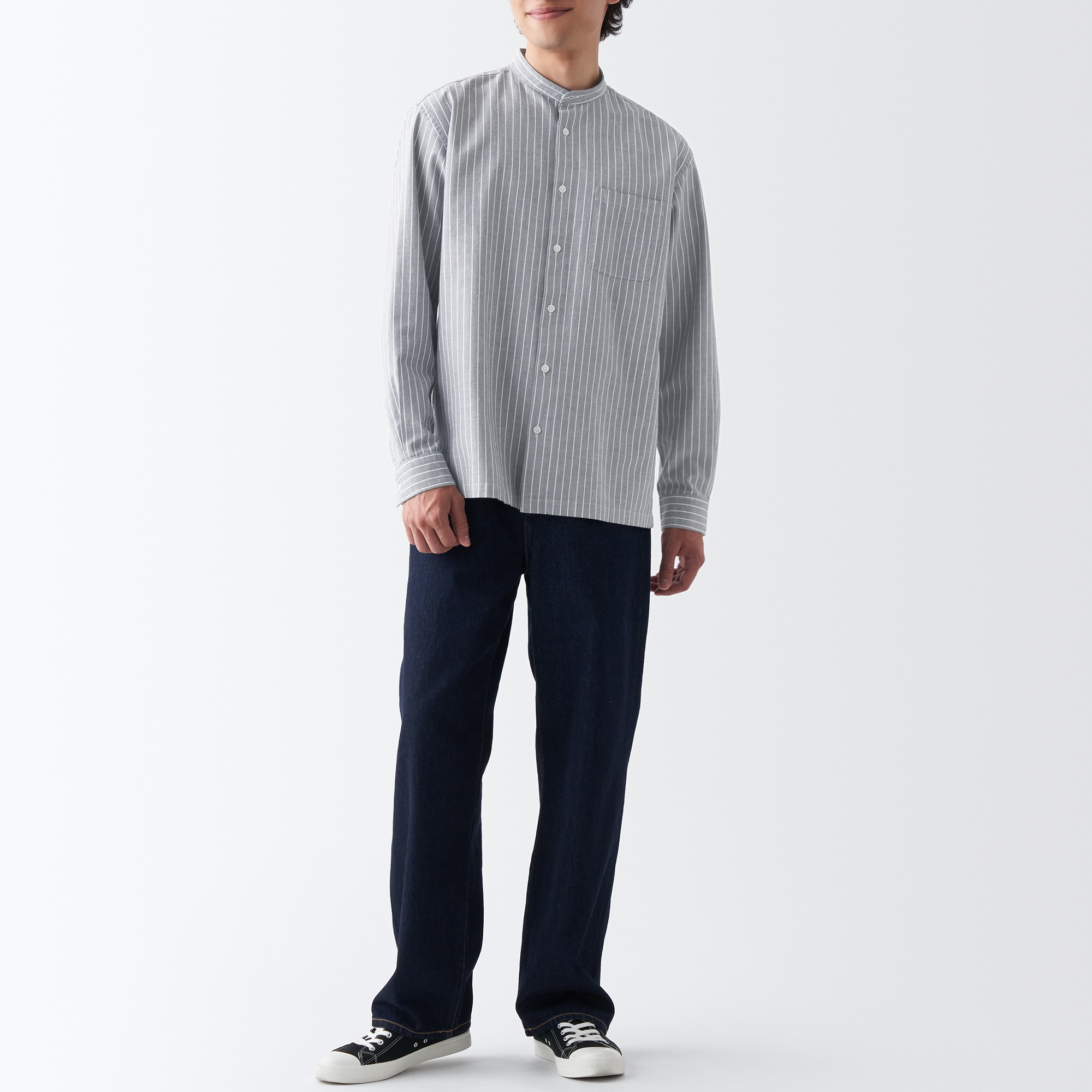 洗いざらしオックススタンドカラー長袖シャツ