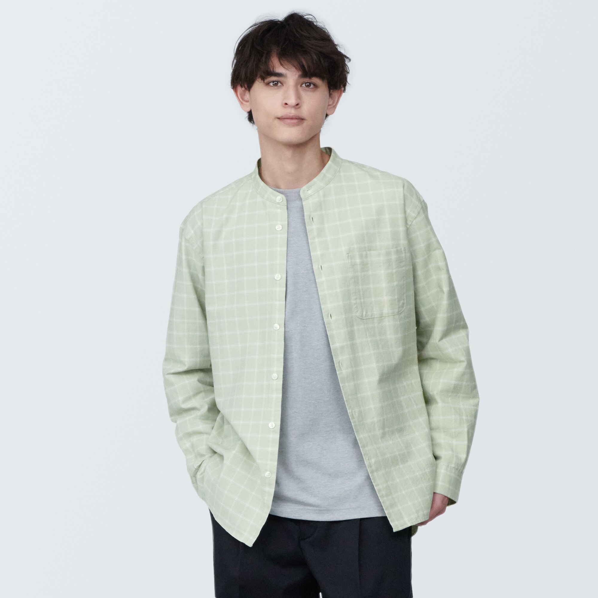 紳士　洗いざらしオックススタンドカラー長袖シャツ