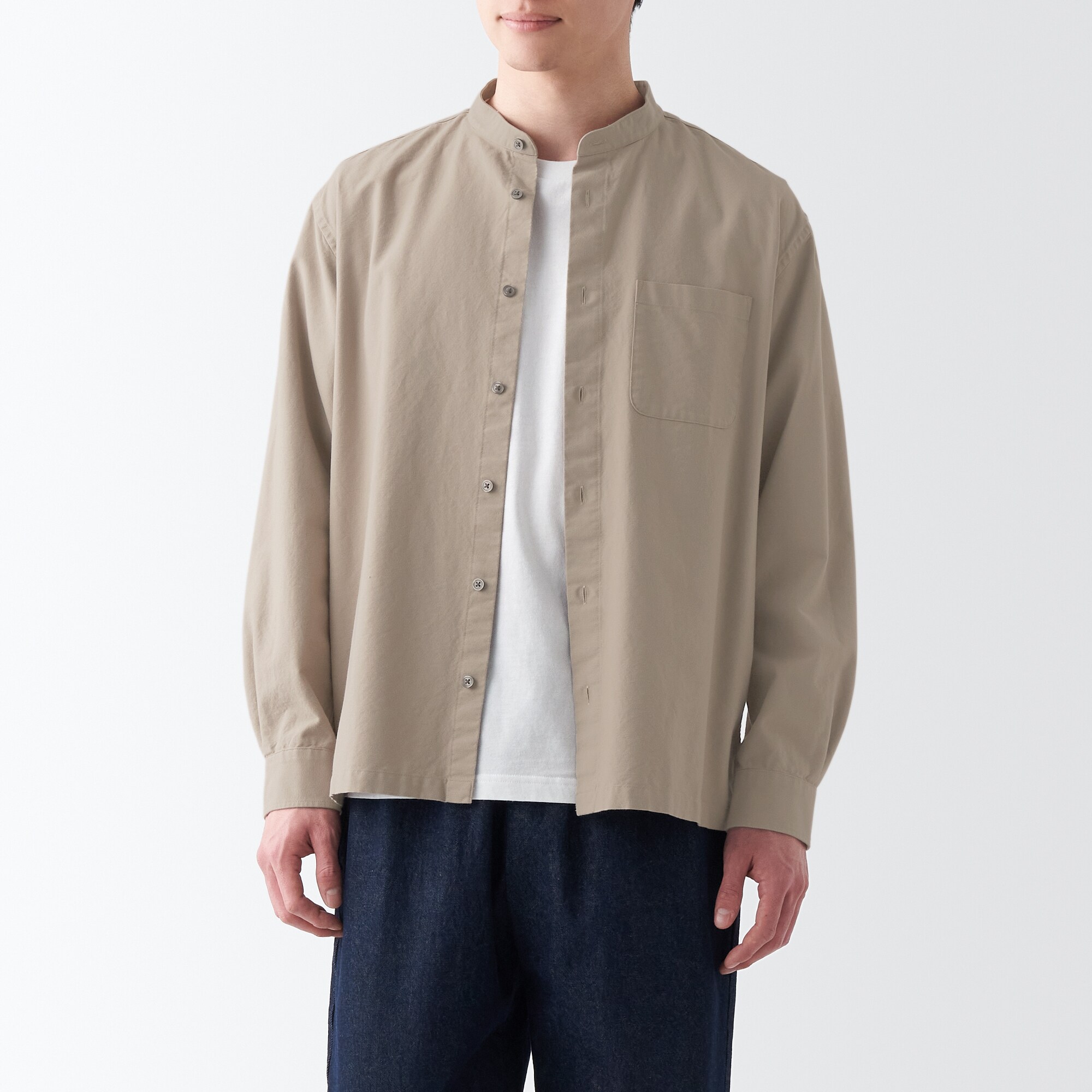 洗いざらしオックススタンドカラー長袖シャツ