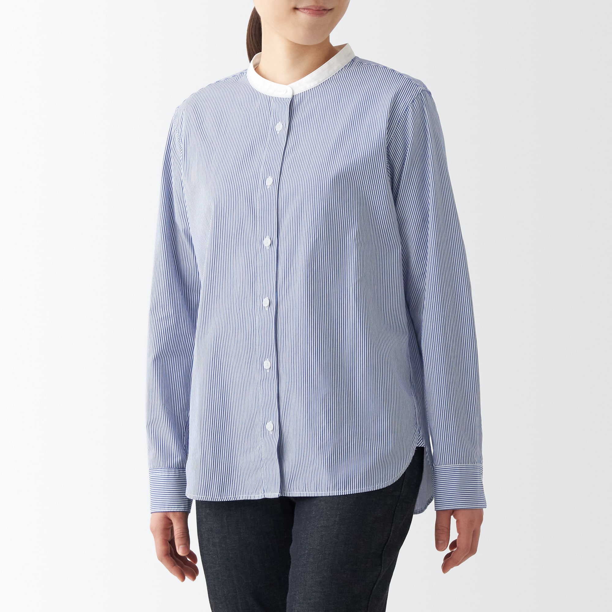 洗いざらしブロードスタンドカラー長袖シャツ