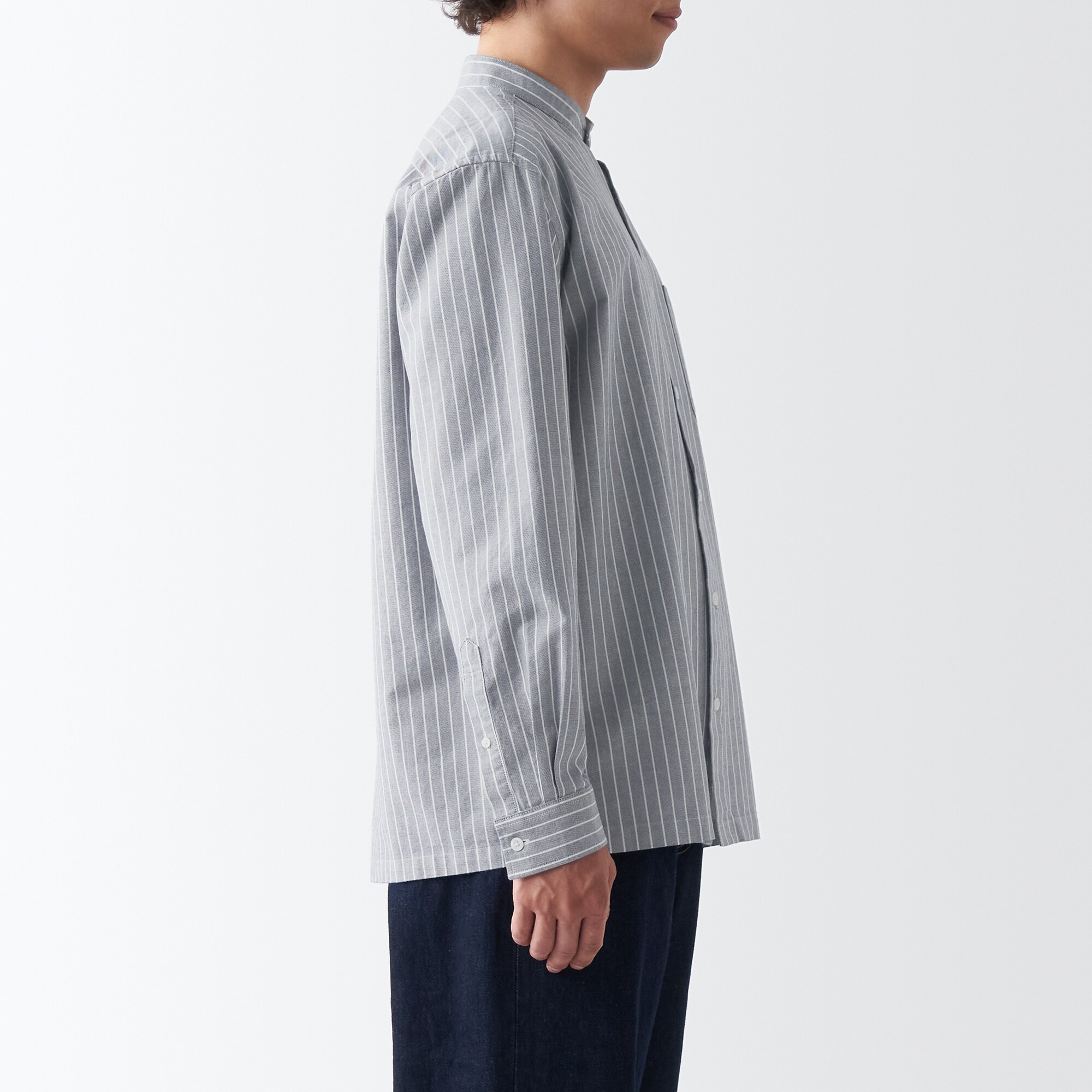 洗いざらしオックススタンドカラー長袖シャツ