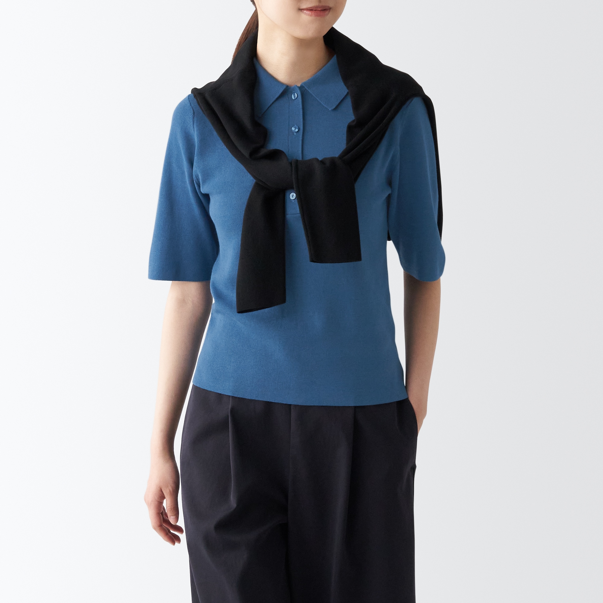 ＵＶカットリブ編み五分袖ポロセーター