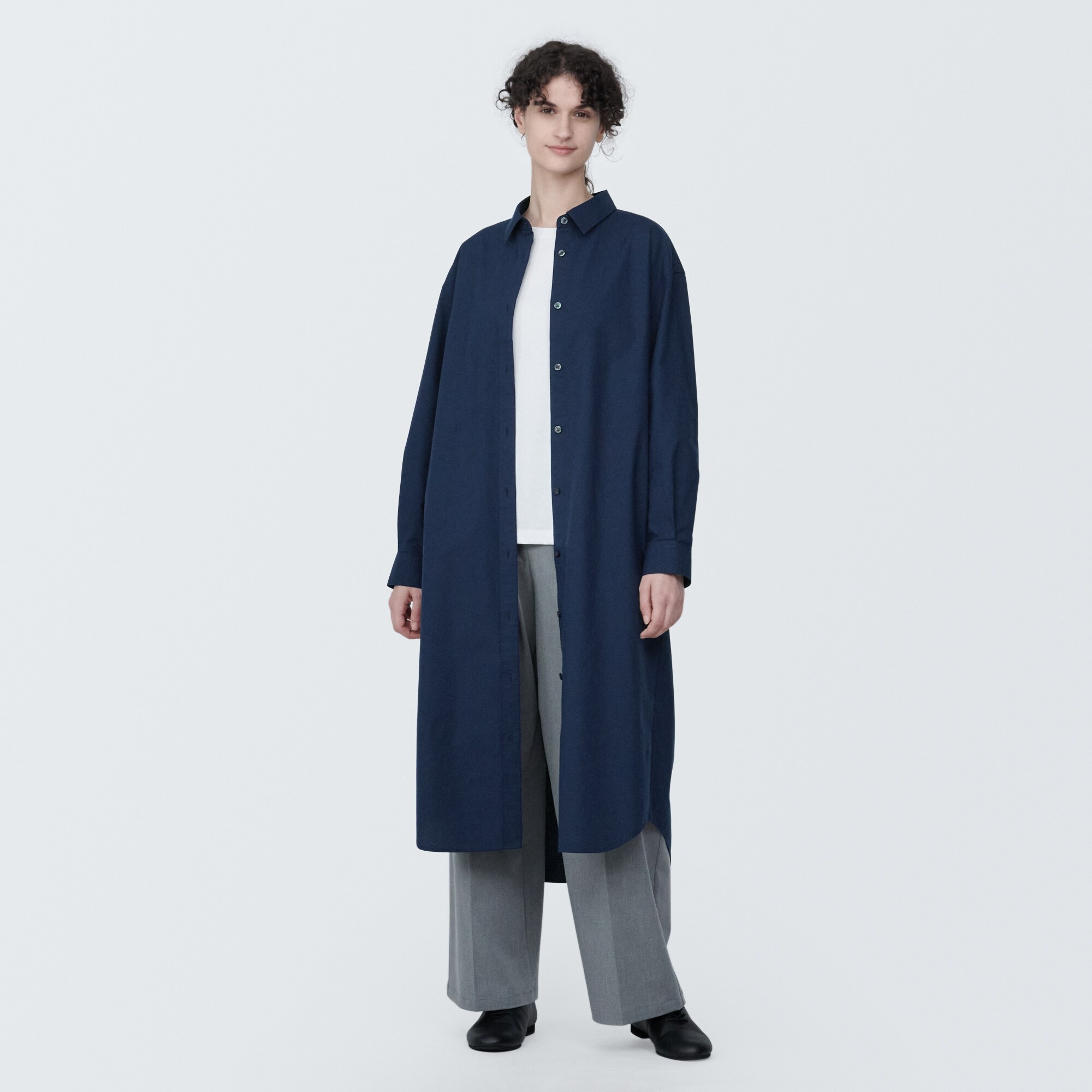 婦人　洗いざらし　ブロードレギュラーカラー長袖ワンピース