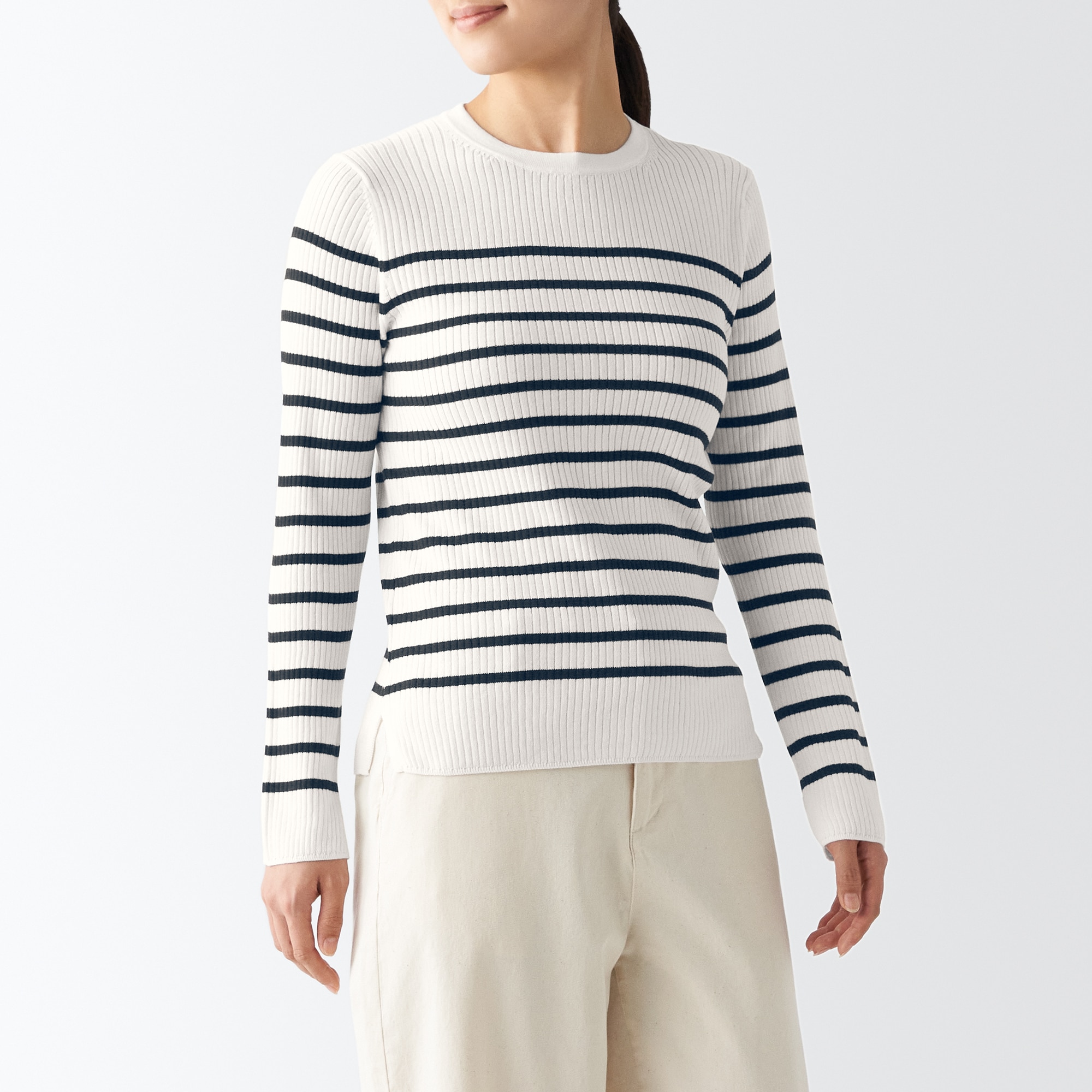 コットンシルクリブクルーネックセーター