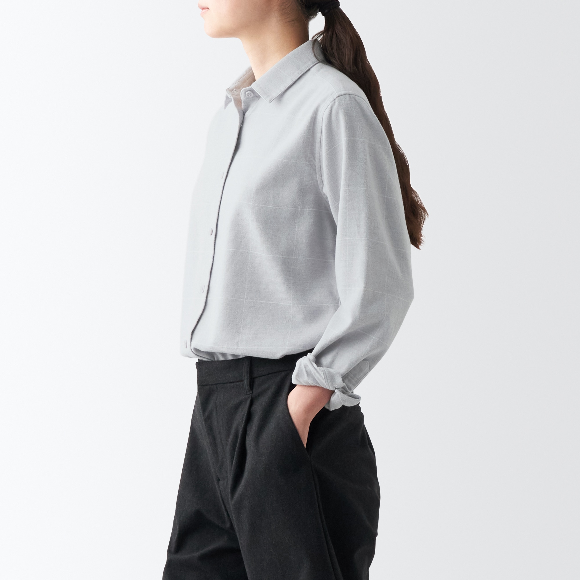 両面起毛フランネルレギュラーカラー長袖シャツ（婦人）