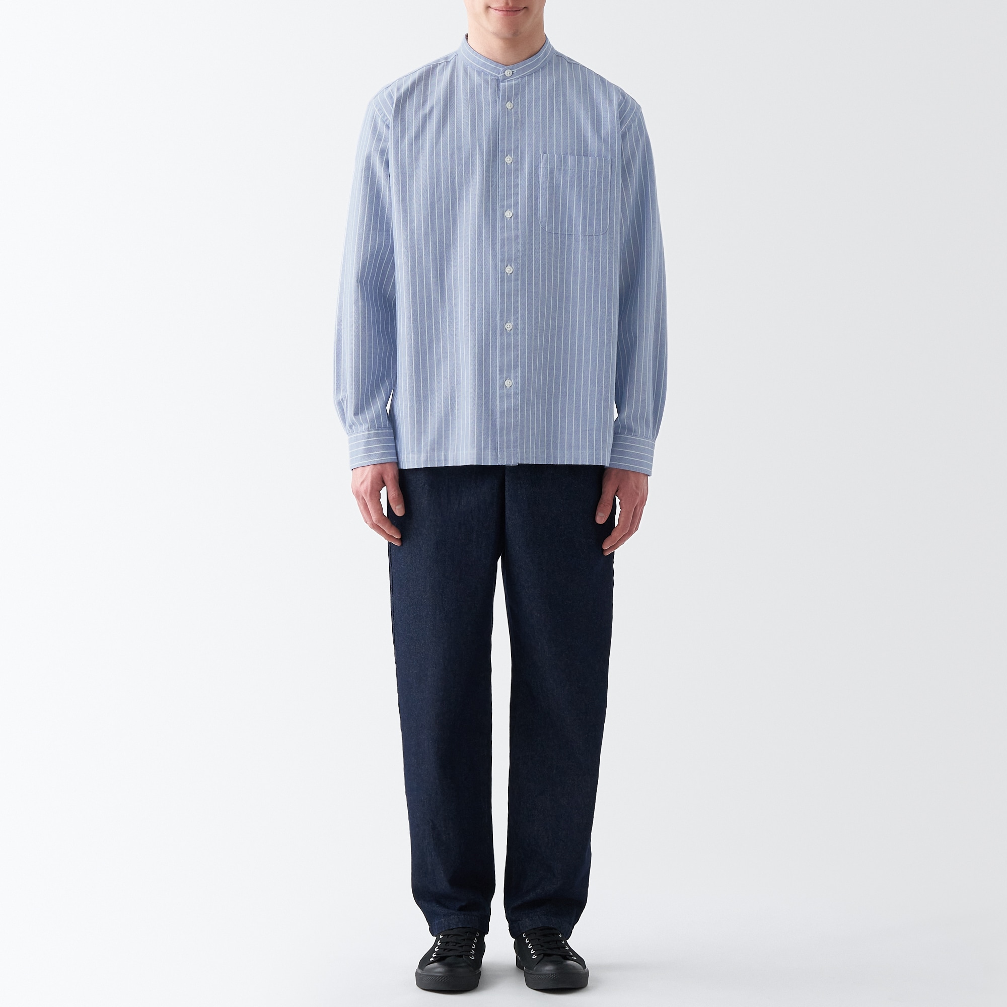 洗いざらしオックススタンドカラー長袖シャツ