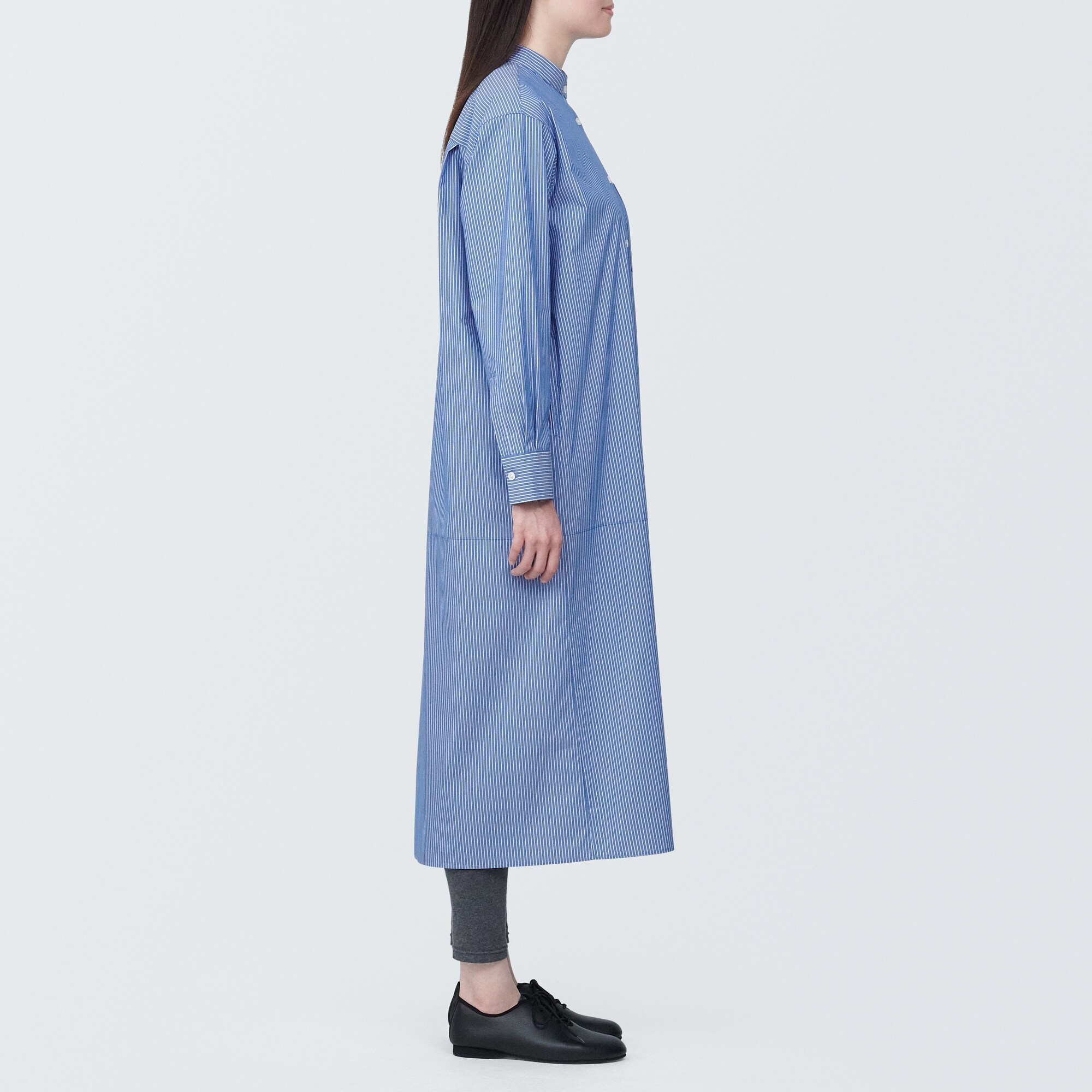 婦人　シワになりにくい　ブロードスタンドカラー長袖ワンピース