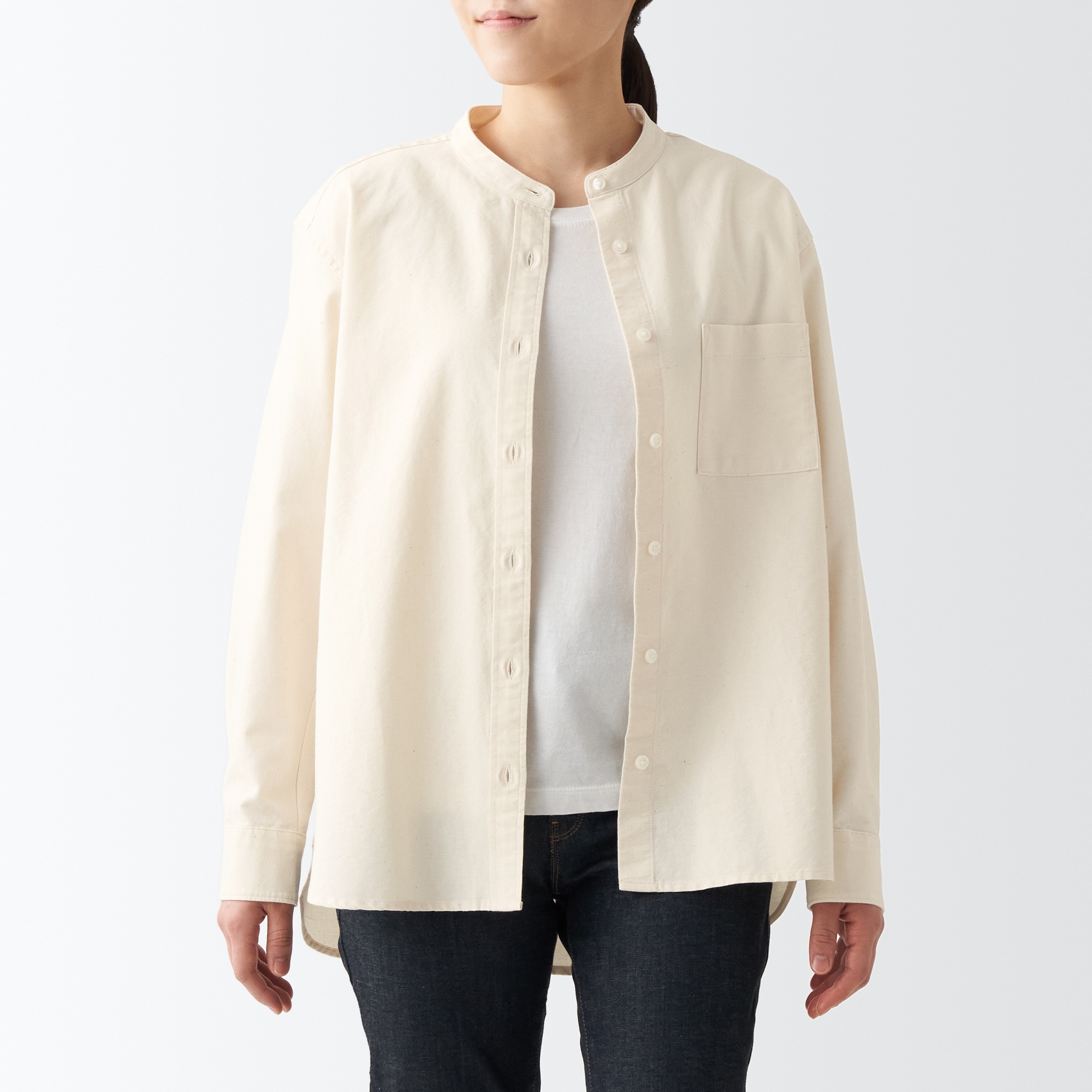 洗いざらしオックススタンドカラーシャツ