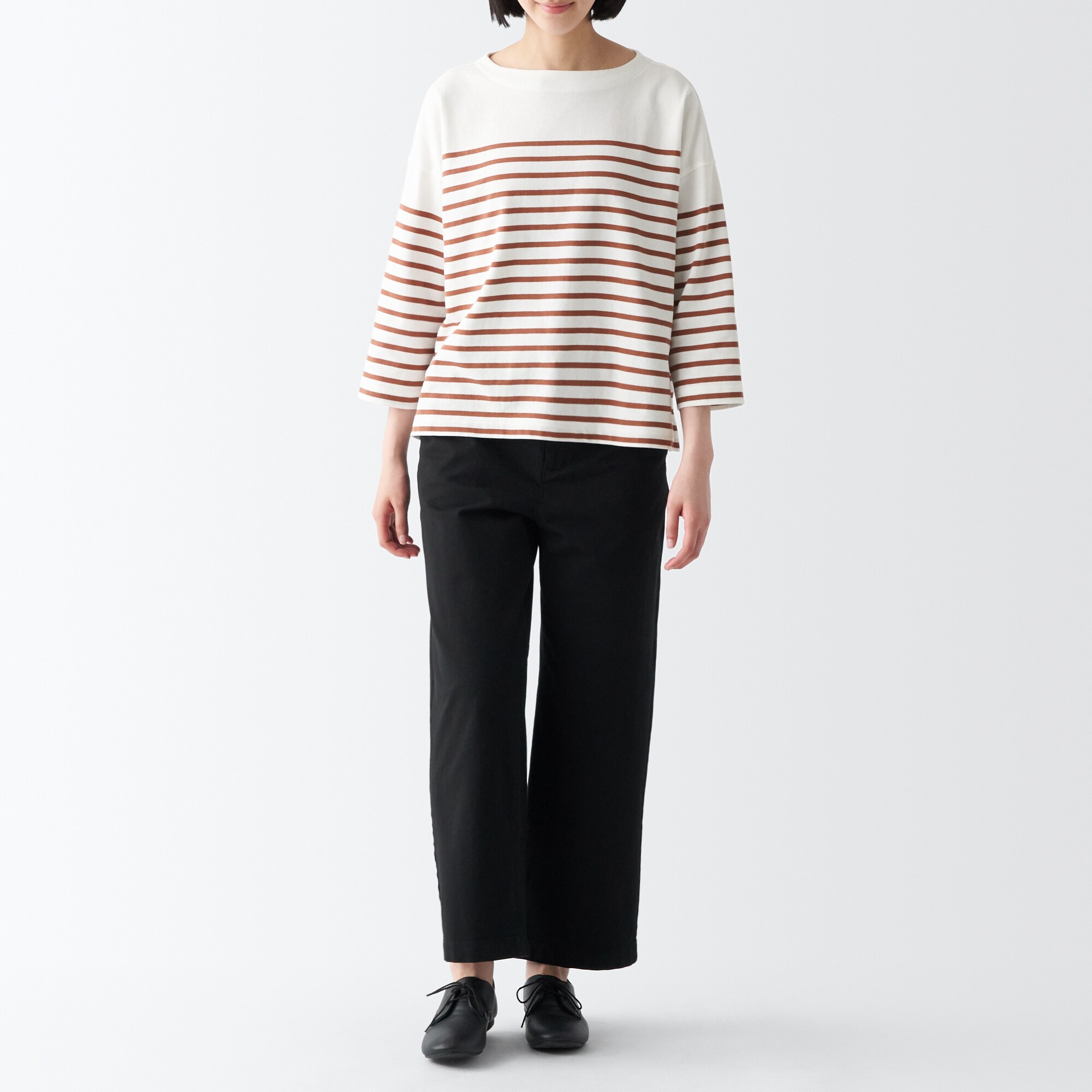 太番手ボートネック七分袖Ｔシャツ