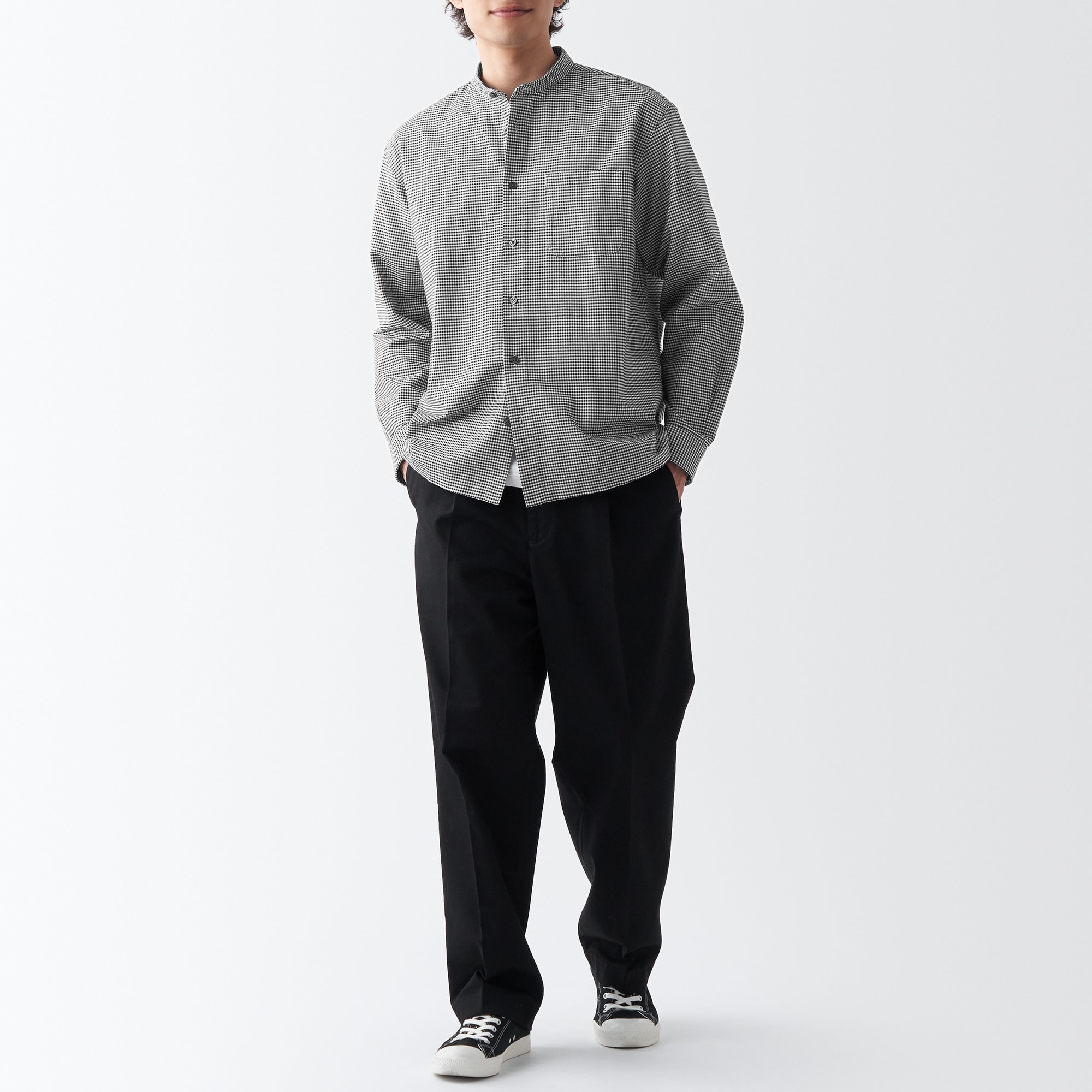 洗いざらしオックススタンドカラー長袖シャツ