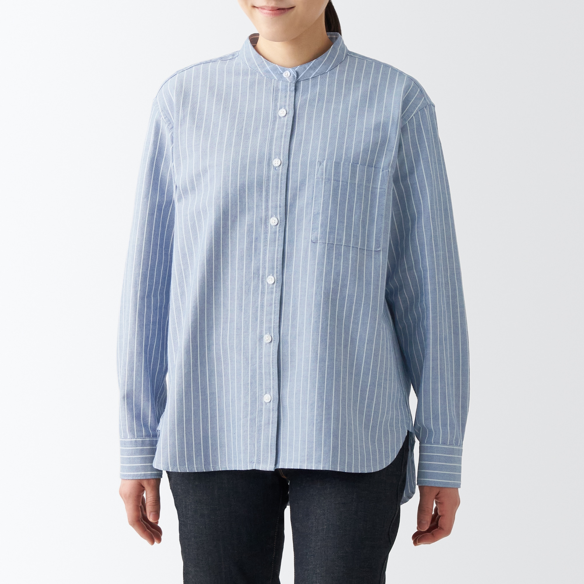 洗いざらしオックススタンドカラーシャツ