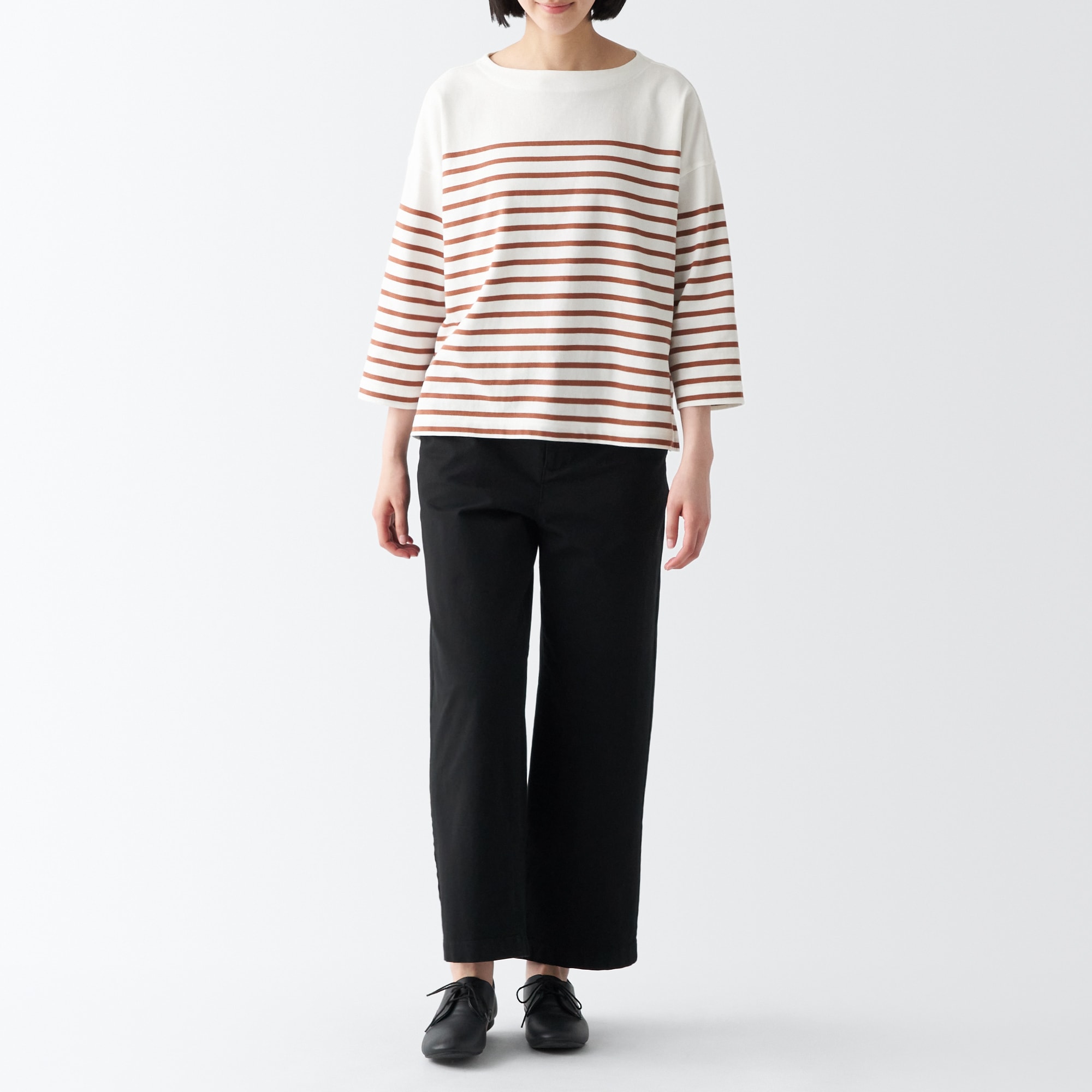 太番手ボートネック七分袖Ｔシャツ