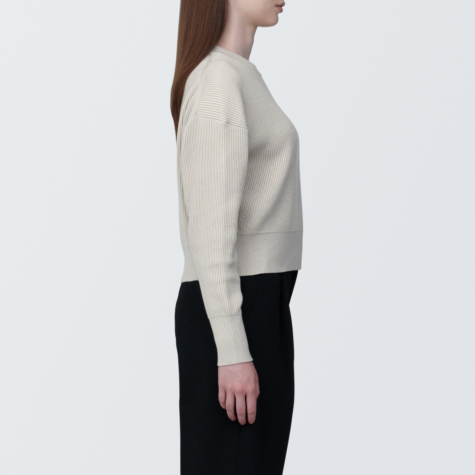 婦人　洗える畦編みショート丈クルーネックセーター