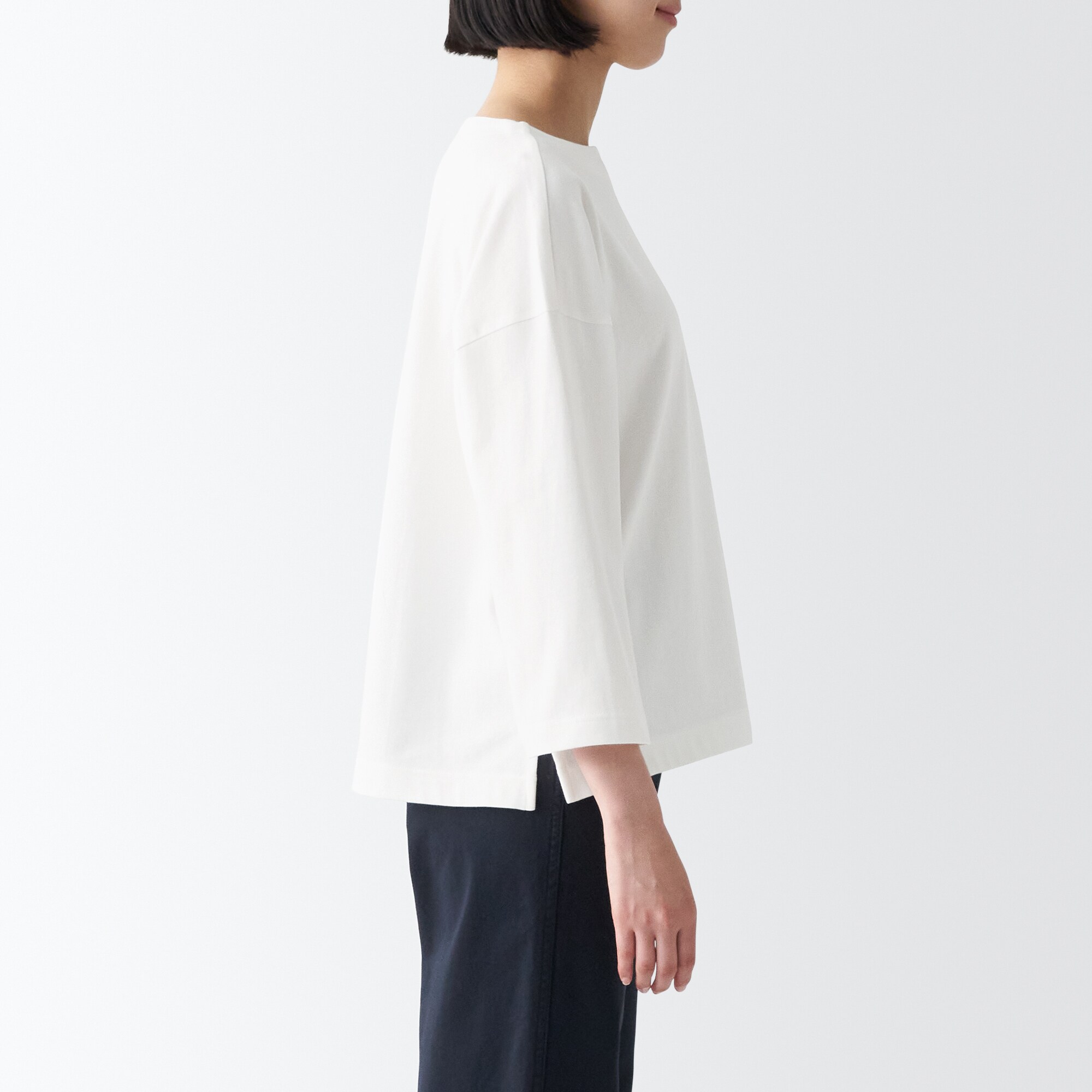 太番手ボートネック七分袖Ｔシャツ