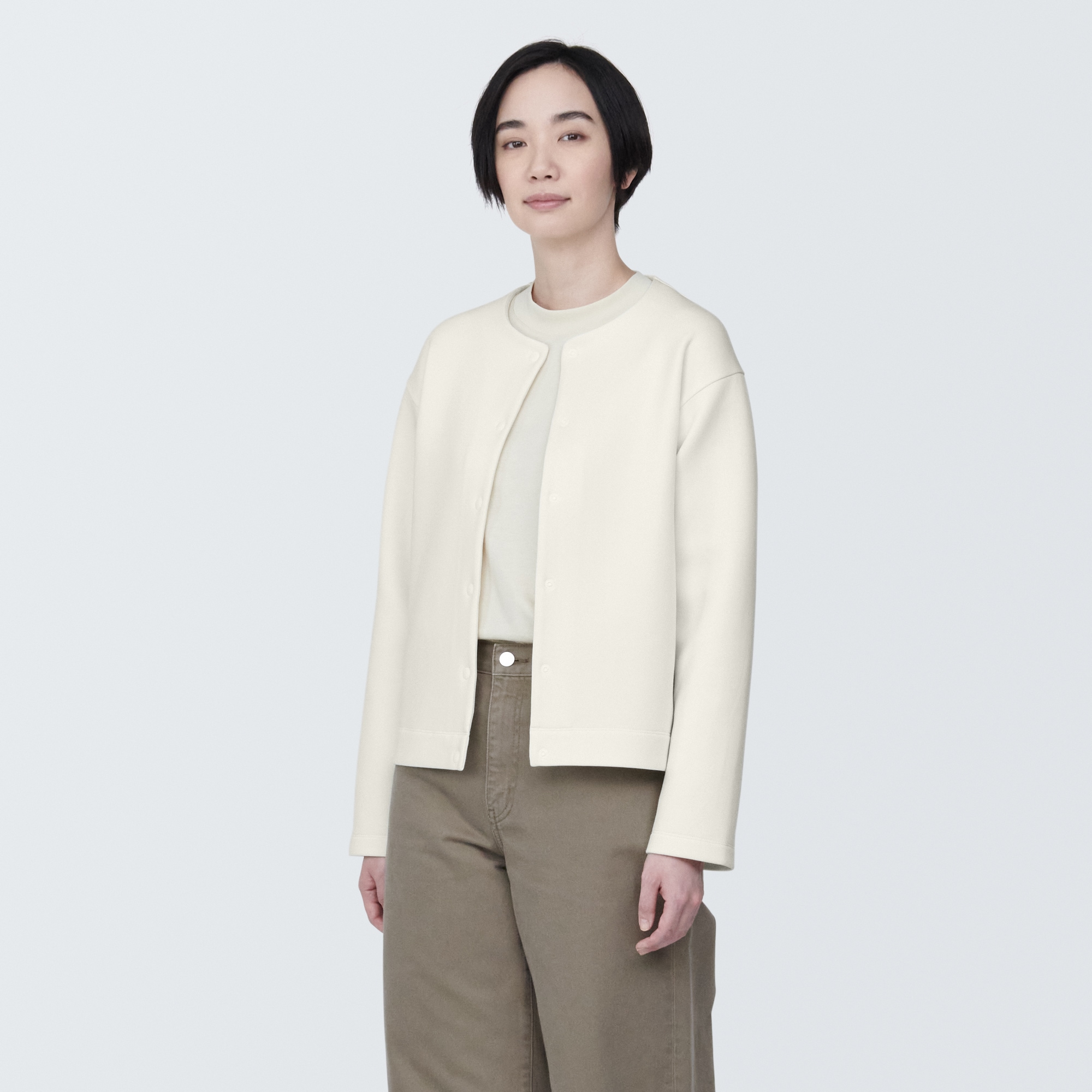 婦人　二重編みクルーネックスウェットカーディガン