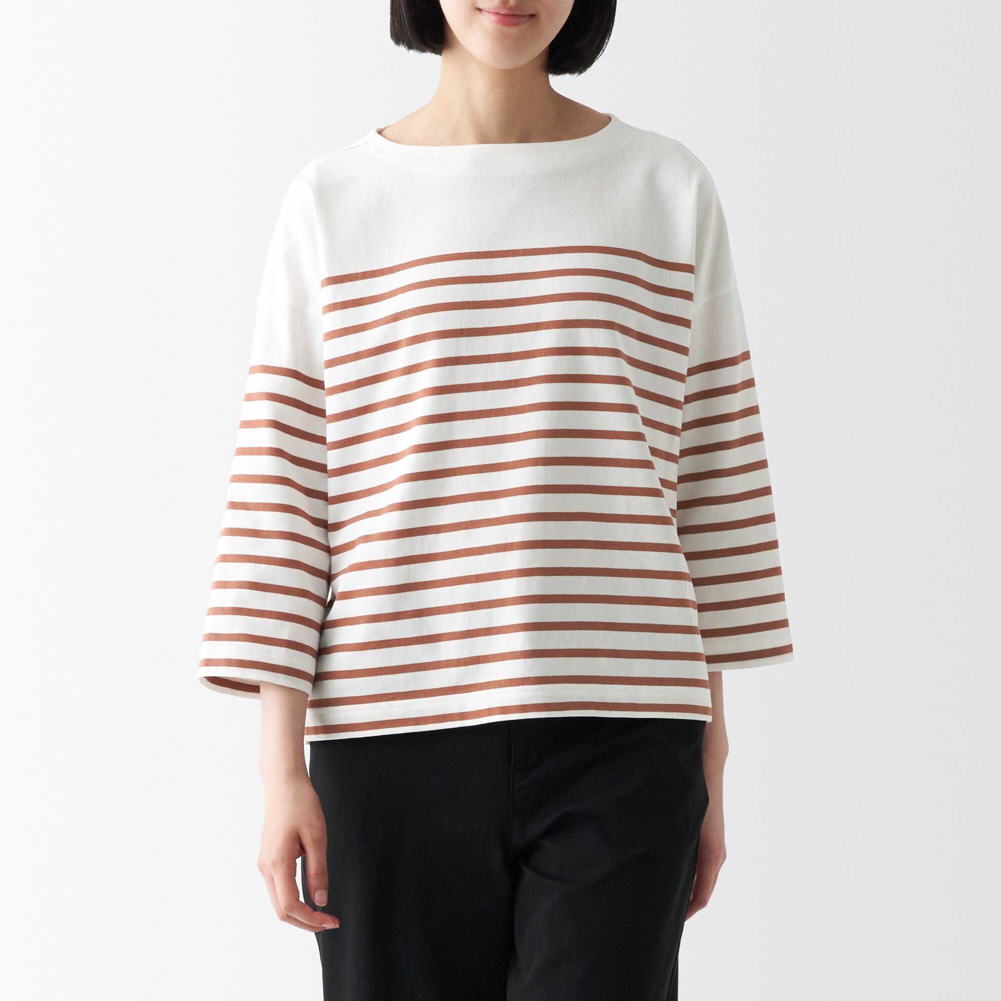 太番手ボートネック七分袖Ｔシャツ