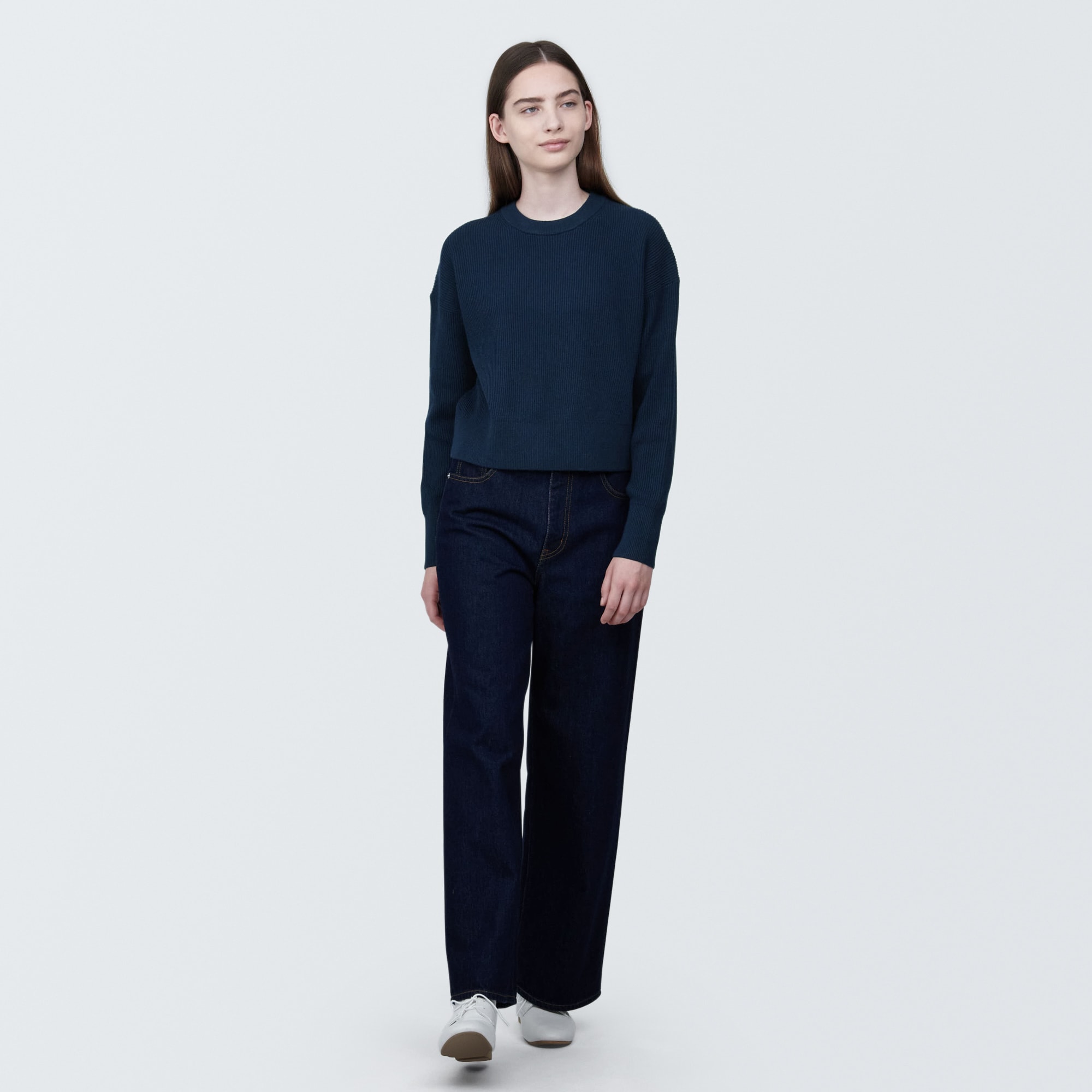 婦人　洗える畦編みショート丈クルーネックセーター