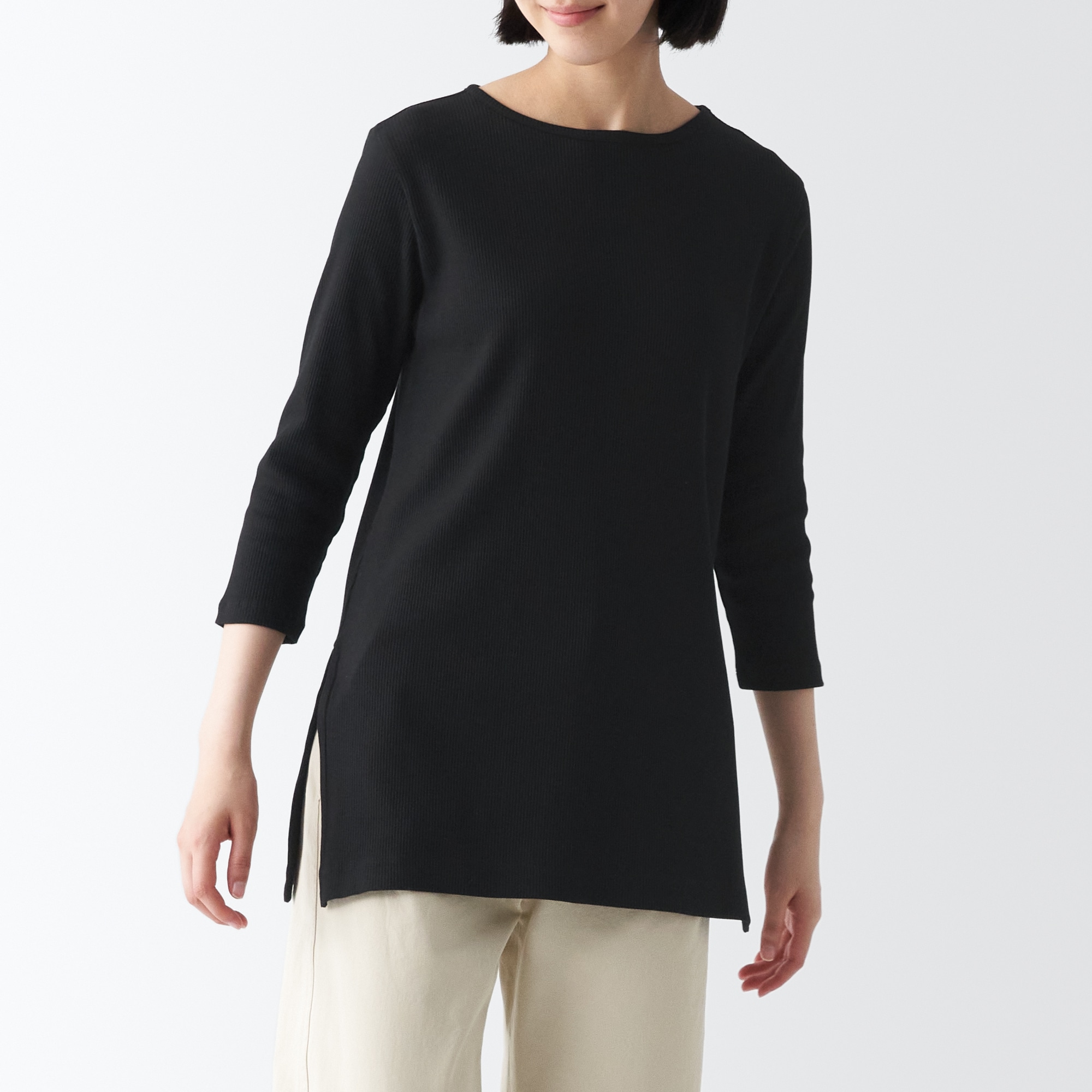 ストレッチリブ編み七分袖チュニック