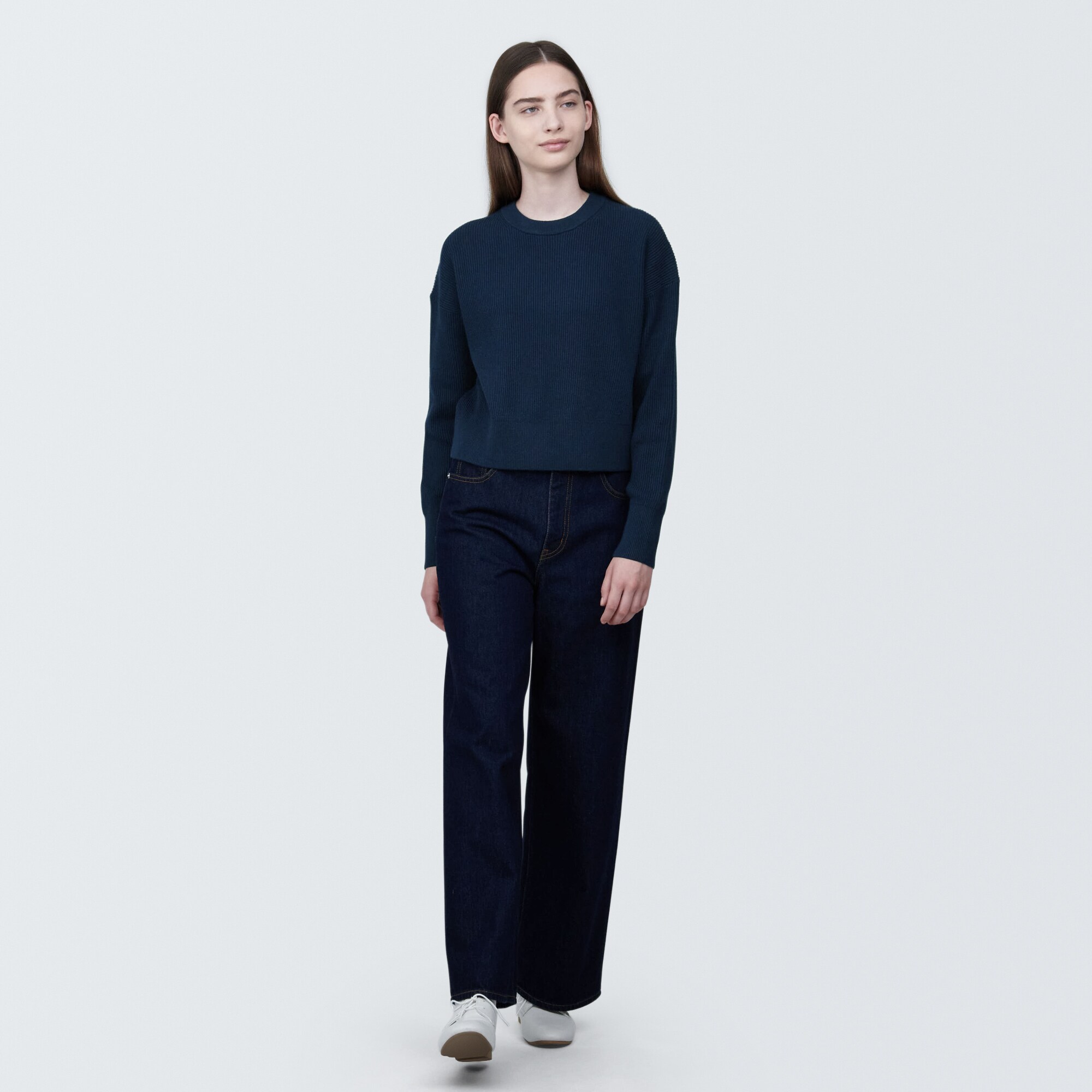 婦人　洗える畦編みショート丈クルーネックセーター