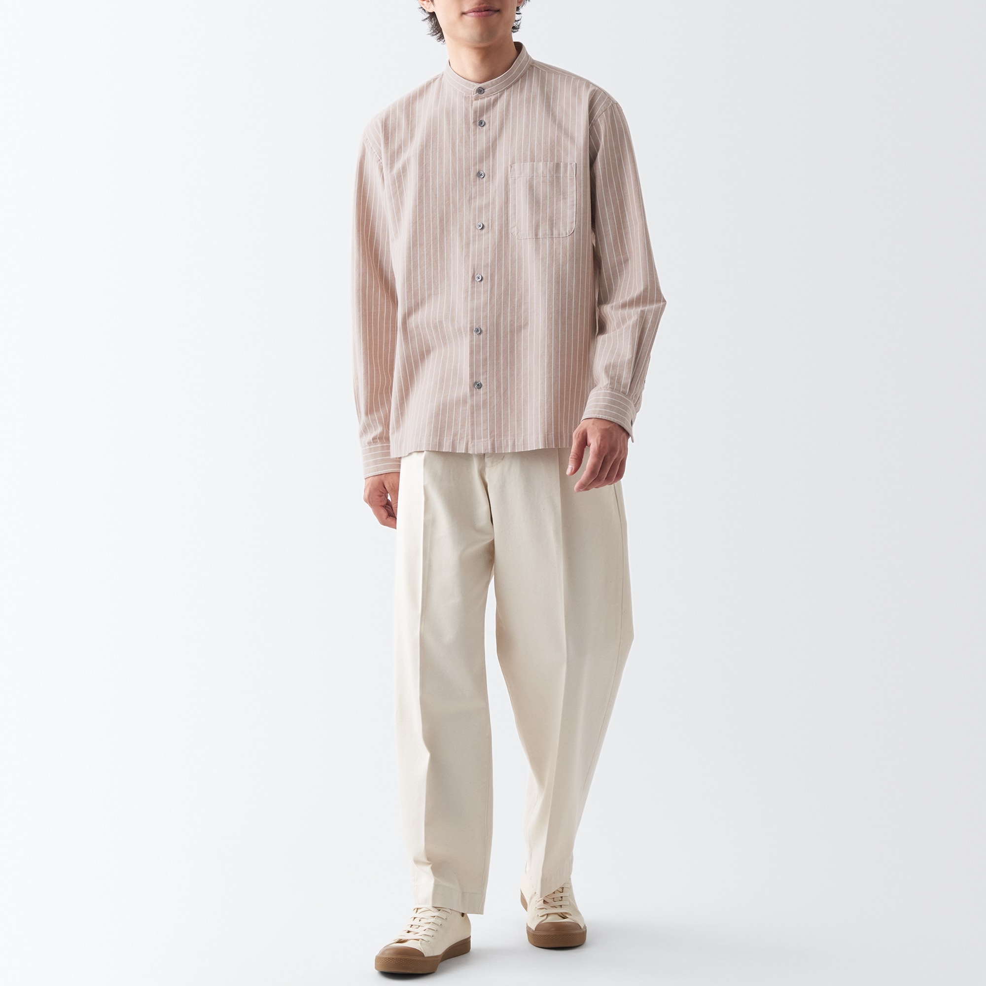 洗いざらしオックススタンドカラー長袖シャツ