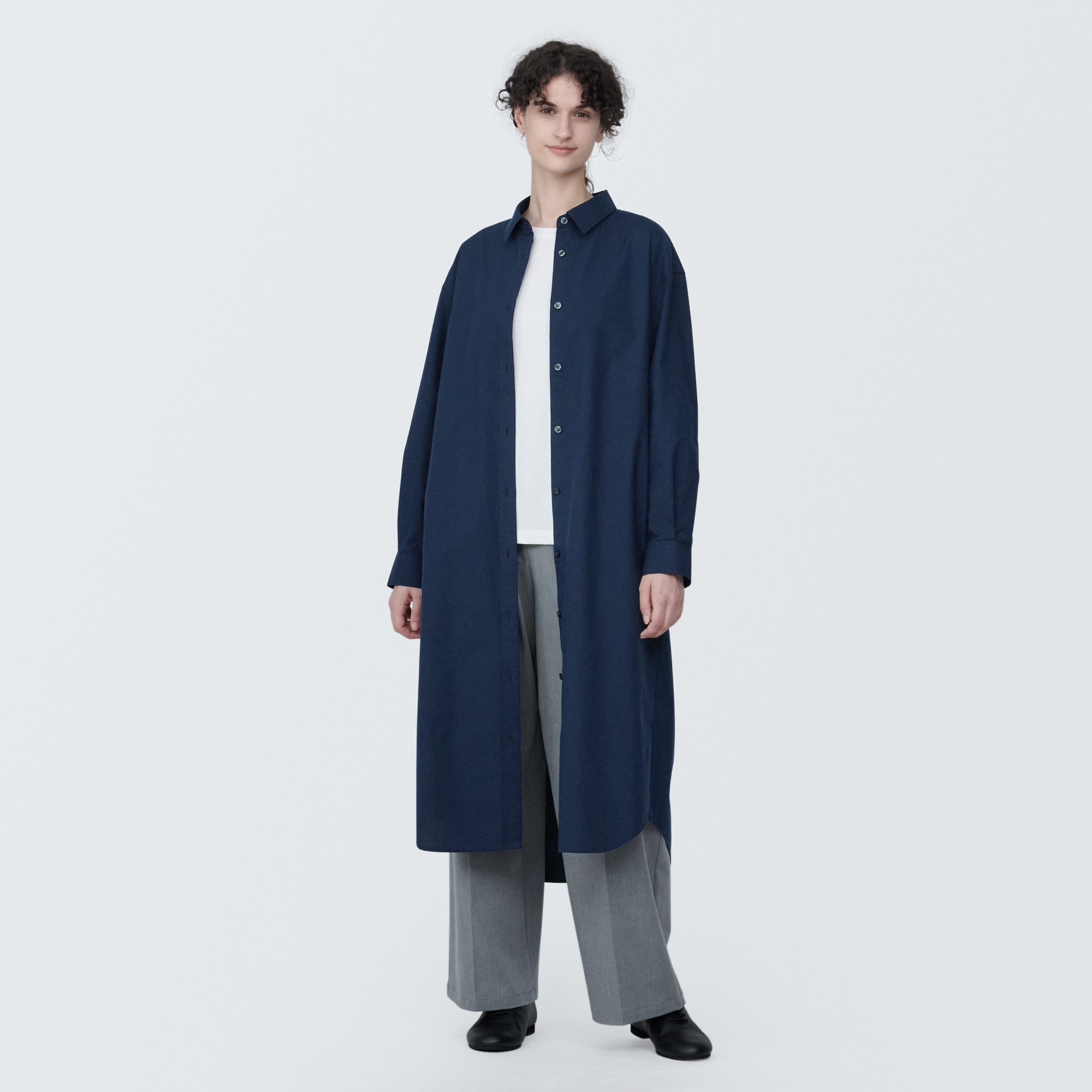 婦人　洗いざらし　ブロードレギュラーカラー長袖ワンピース