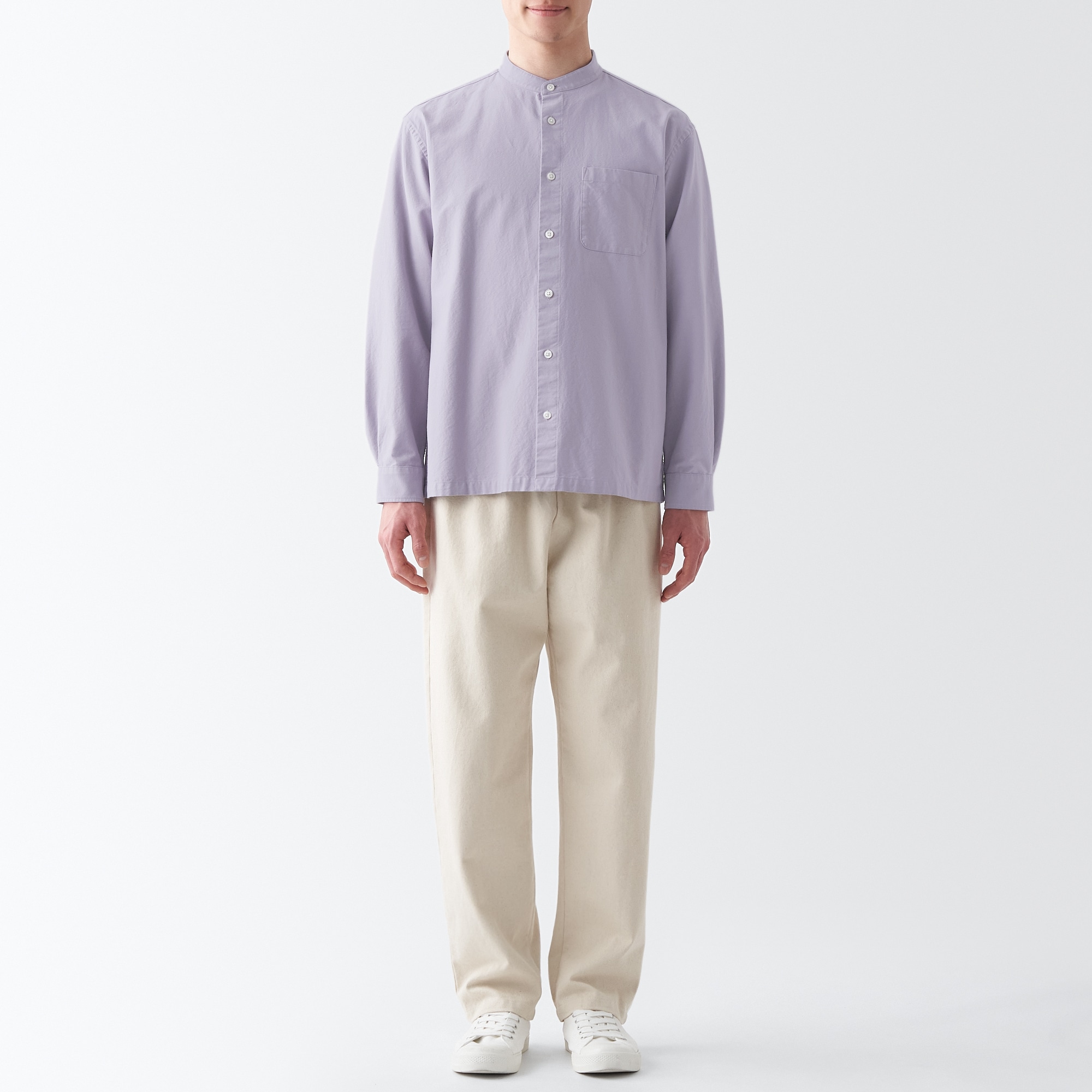 洗いざらしオックススタンドカラー長袖シャツ