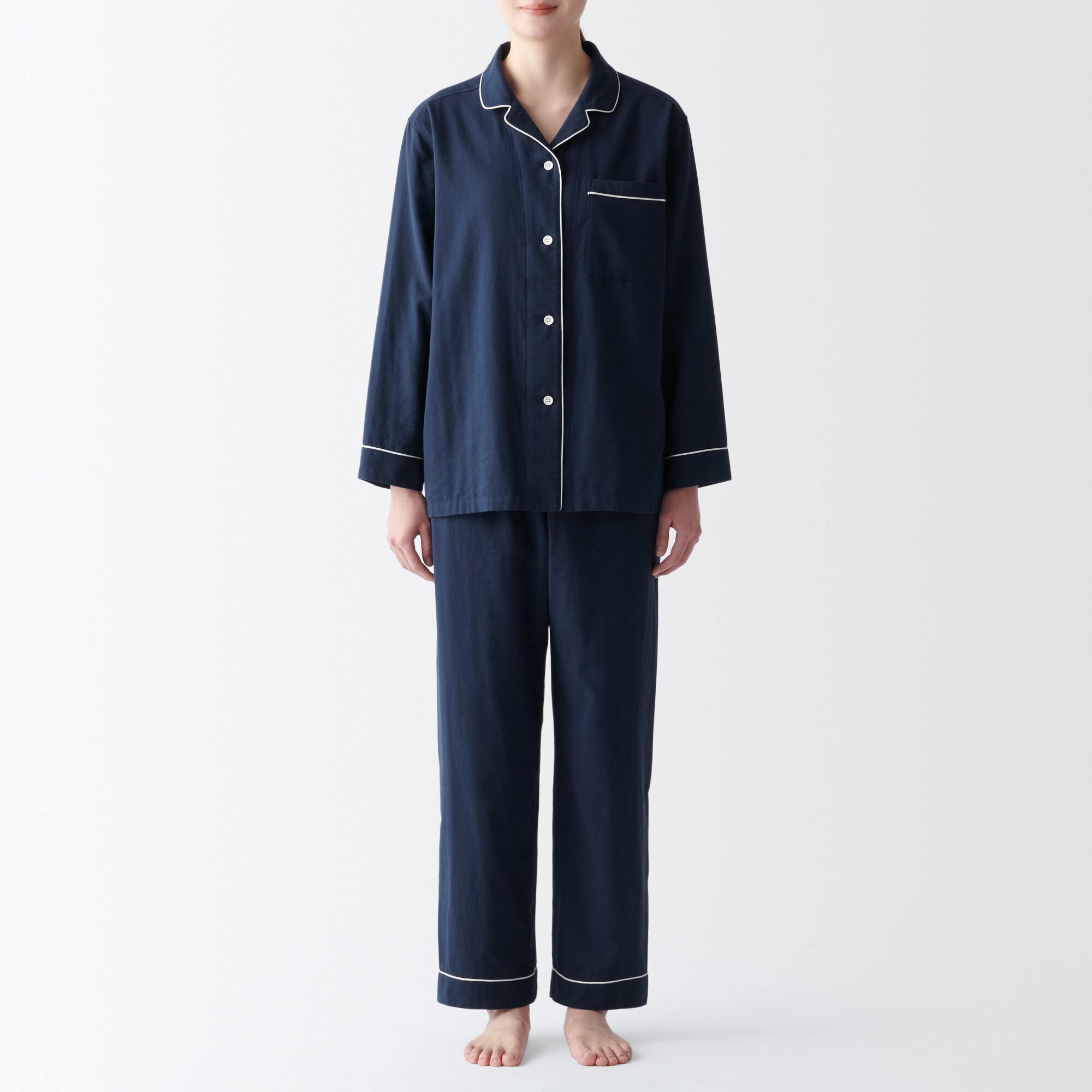 婦人　脇に縫い目のない　二重ガーゼパジャマ（パイピング）
