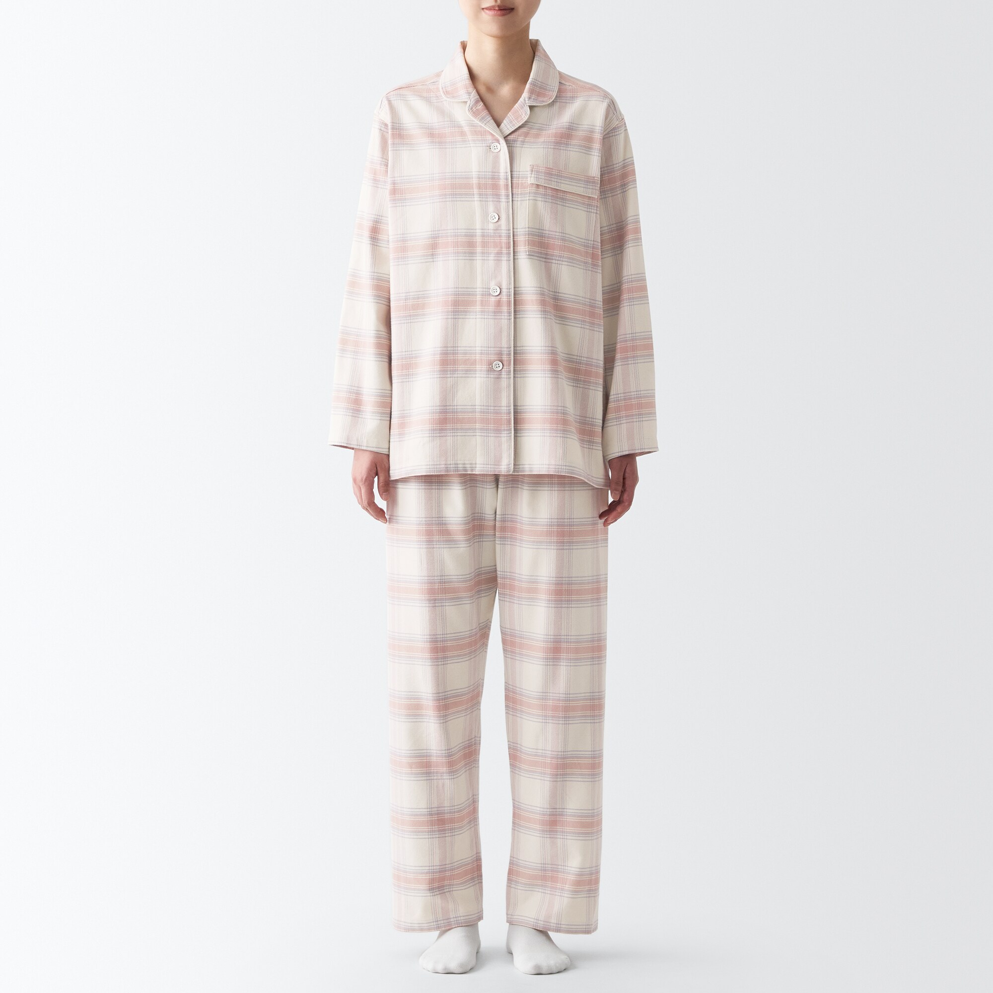 【両面起毛で温かい】脇に縫い目のない　フランネルパジャマ（新仕様：開襟・丸襟タイプ、お尻ポケットあり）