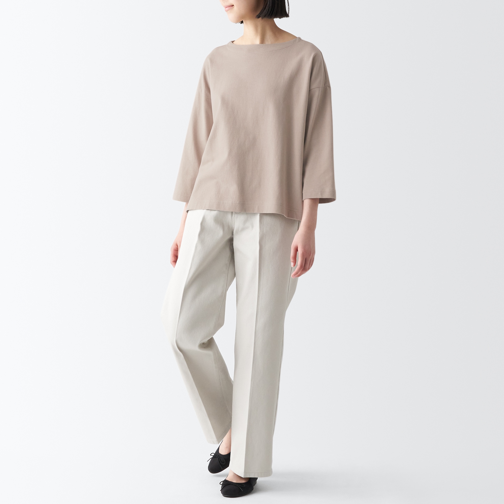 太番手ボートネック七分袖Ｔシャツ