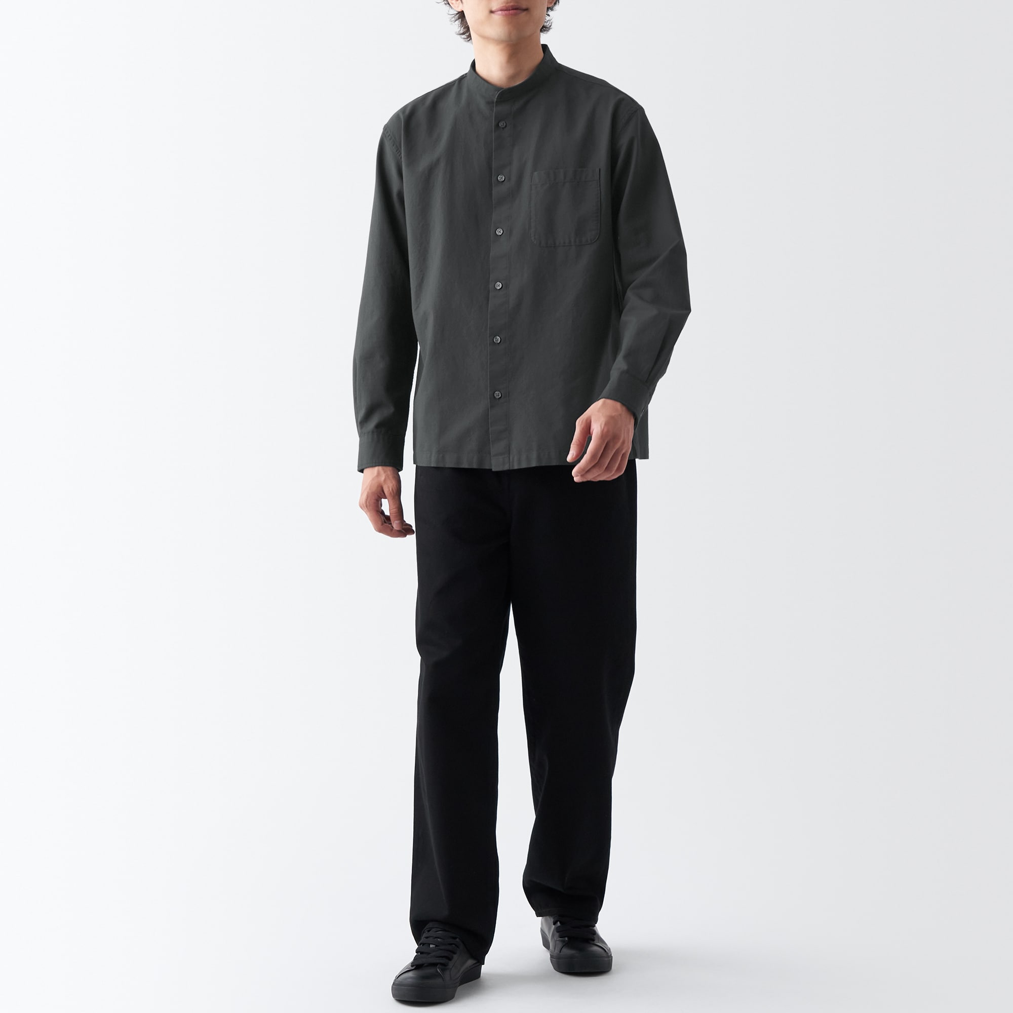 洗いざらしオックススタンドカラー長袖シャツ