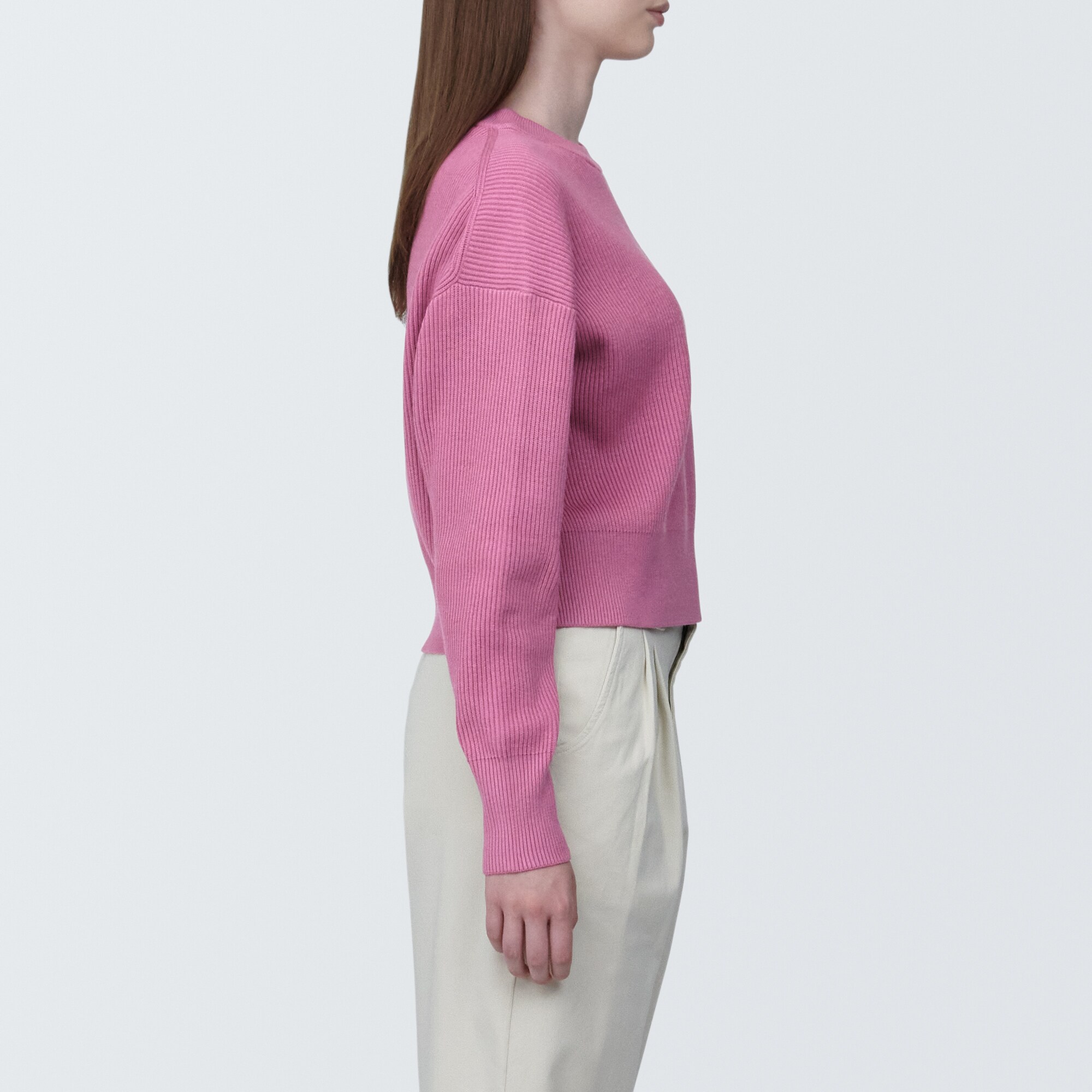 婦人　洗える畦編みショート丈クルーネックセーター