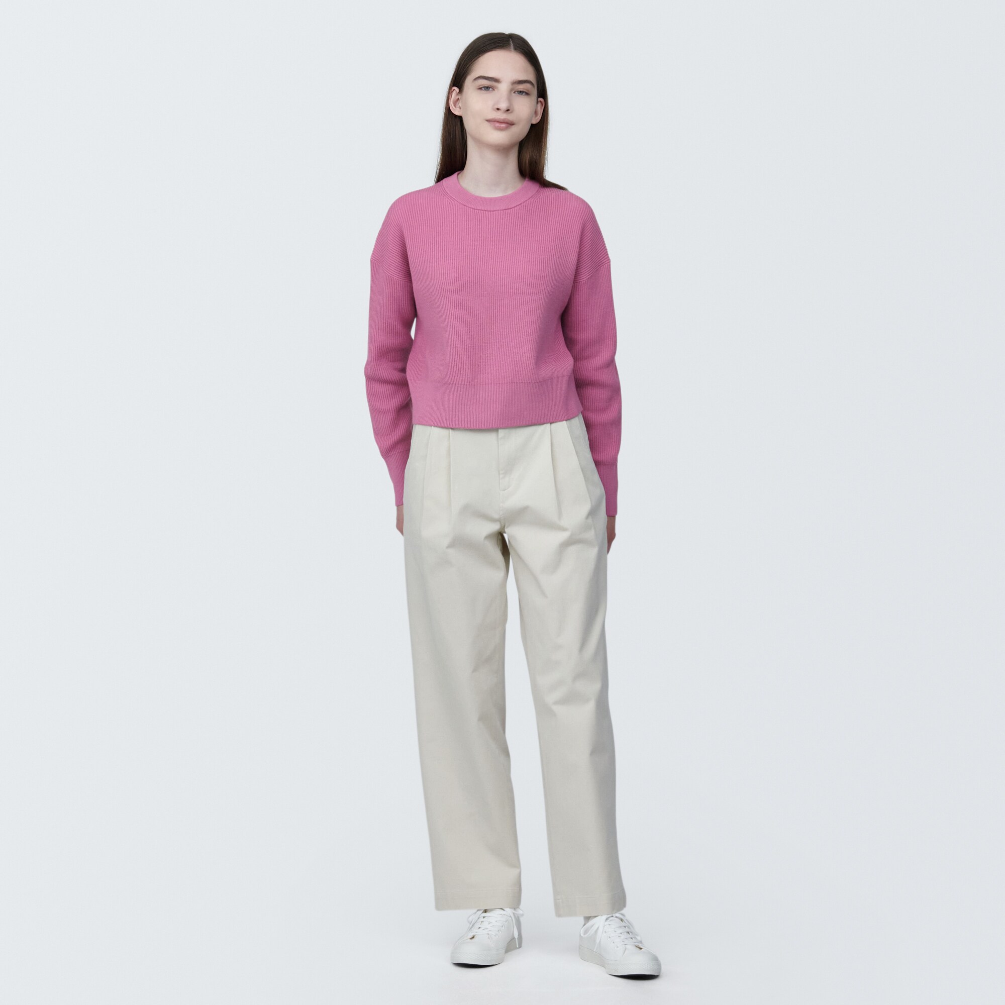 婦人　洗える畦編みショート丈クルーネックセーター