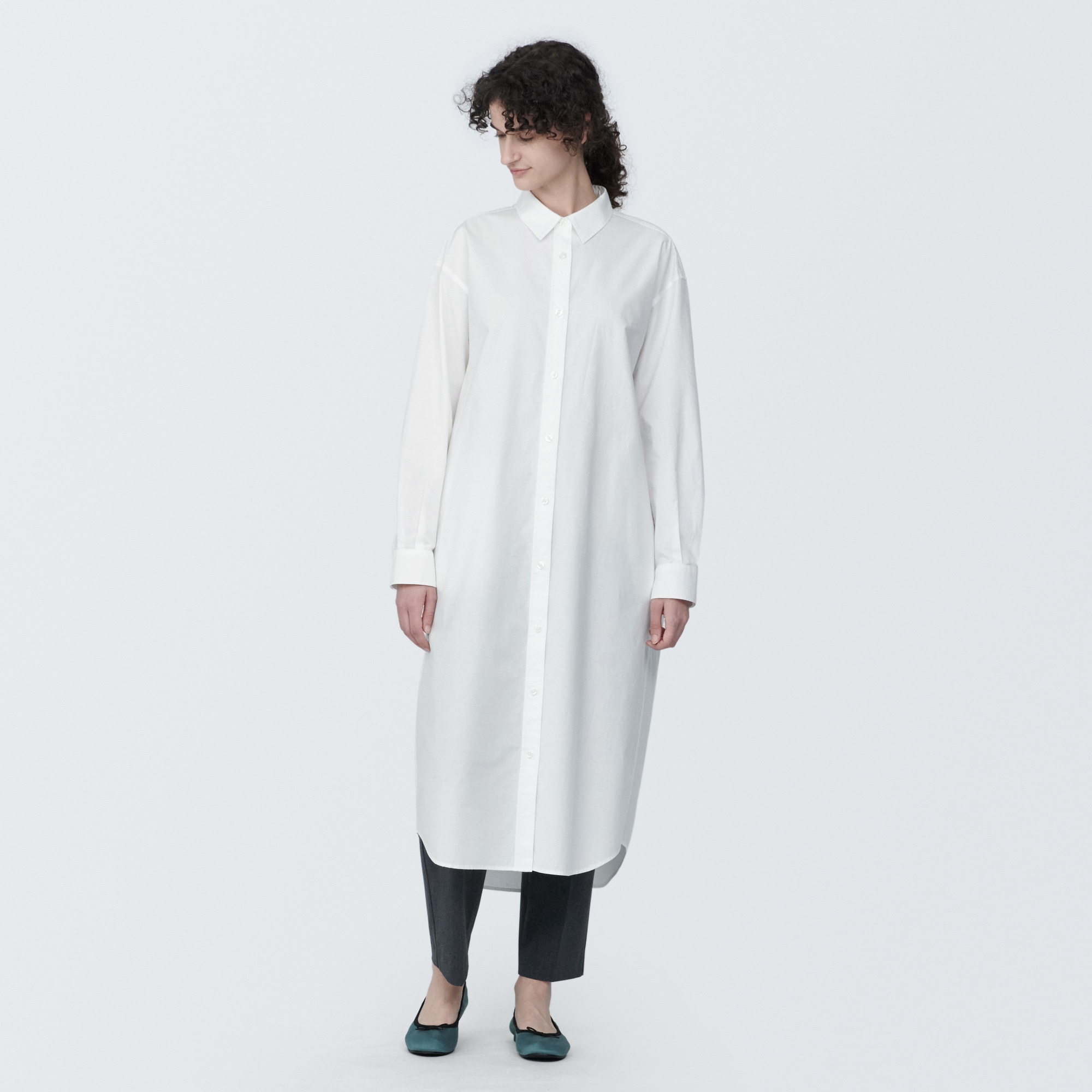 婦人　洗いざらし　ブロードレギュラーカラー長袖ワンピース