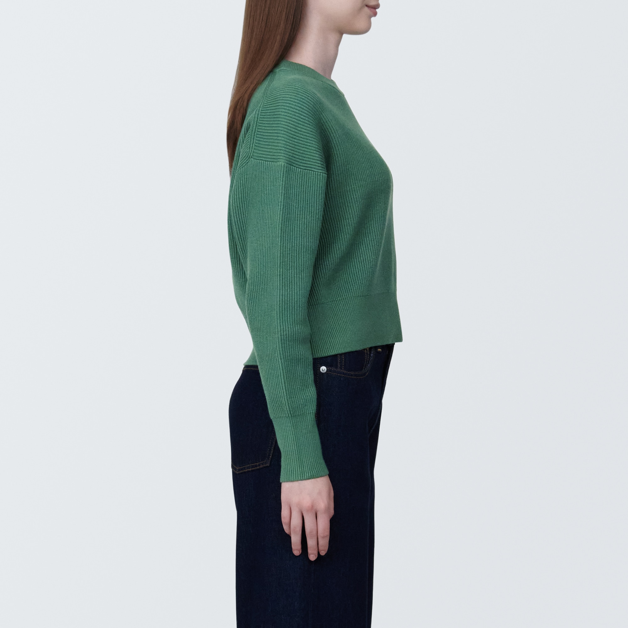 婦人　洗える畦編みショート丈クルーネックセーター