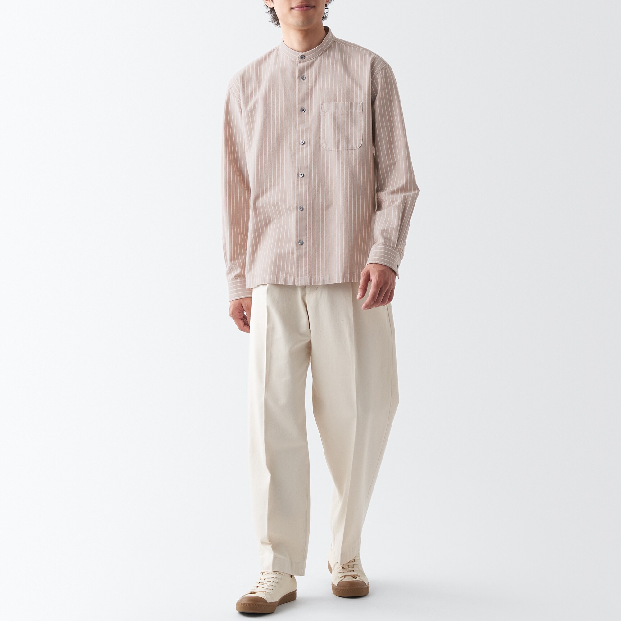 洗いざらしオックススタンドカラー長袖シャツ