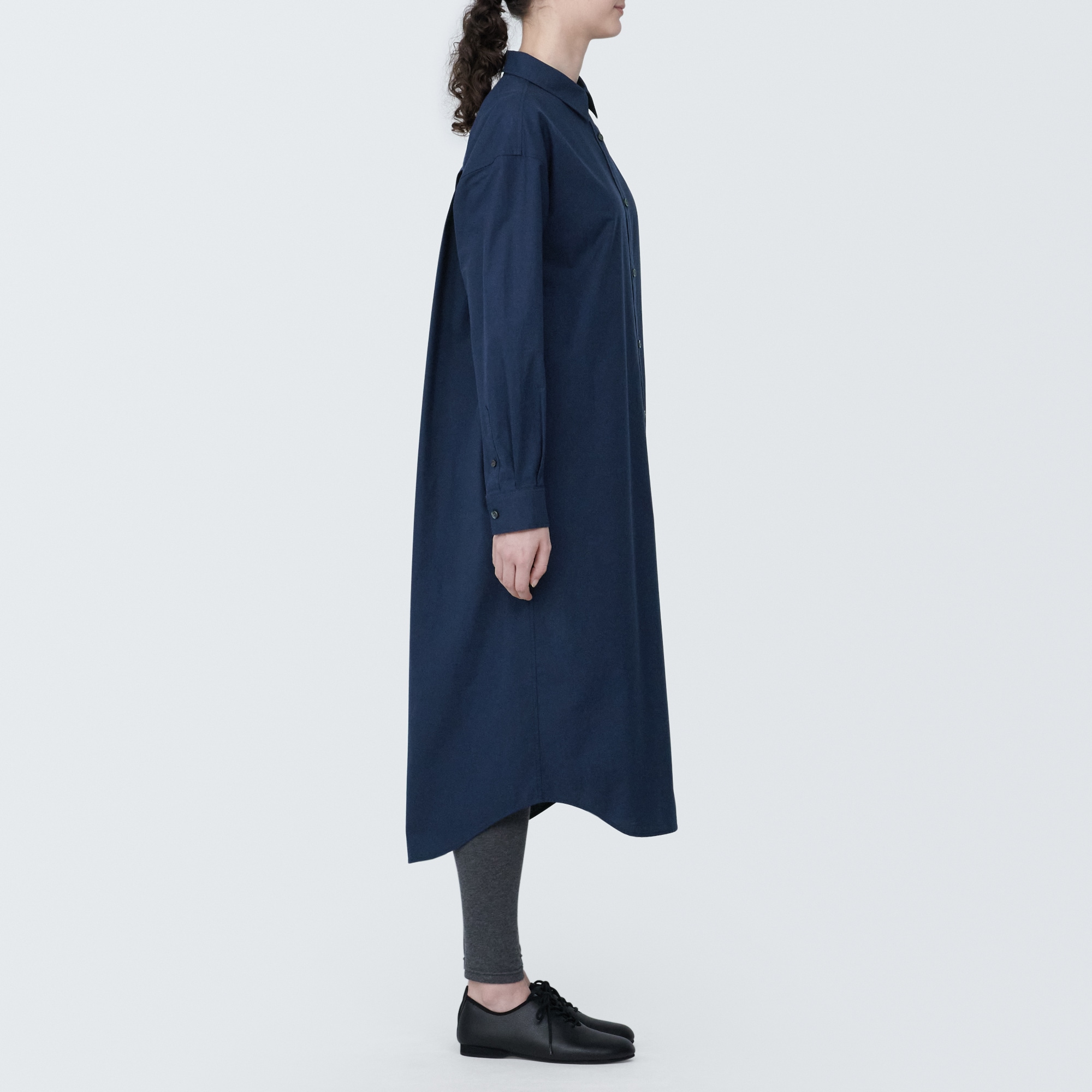 婦人　洗いざらし　ブロードレギュラーカラー長袖ワンピース