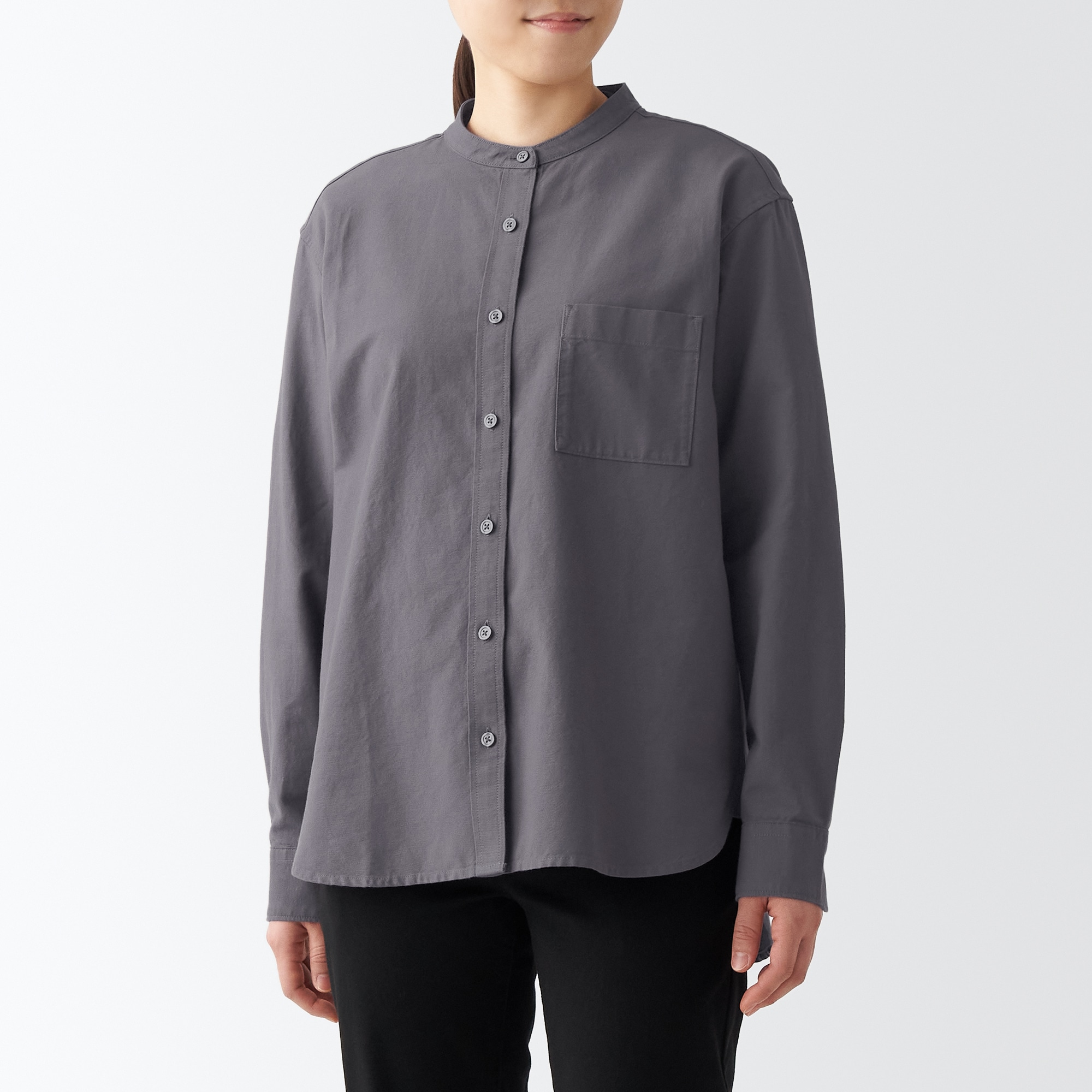 洗いざらしオックススタンドカラーシャツ