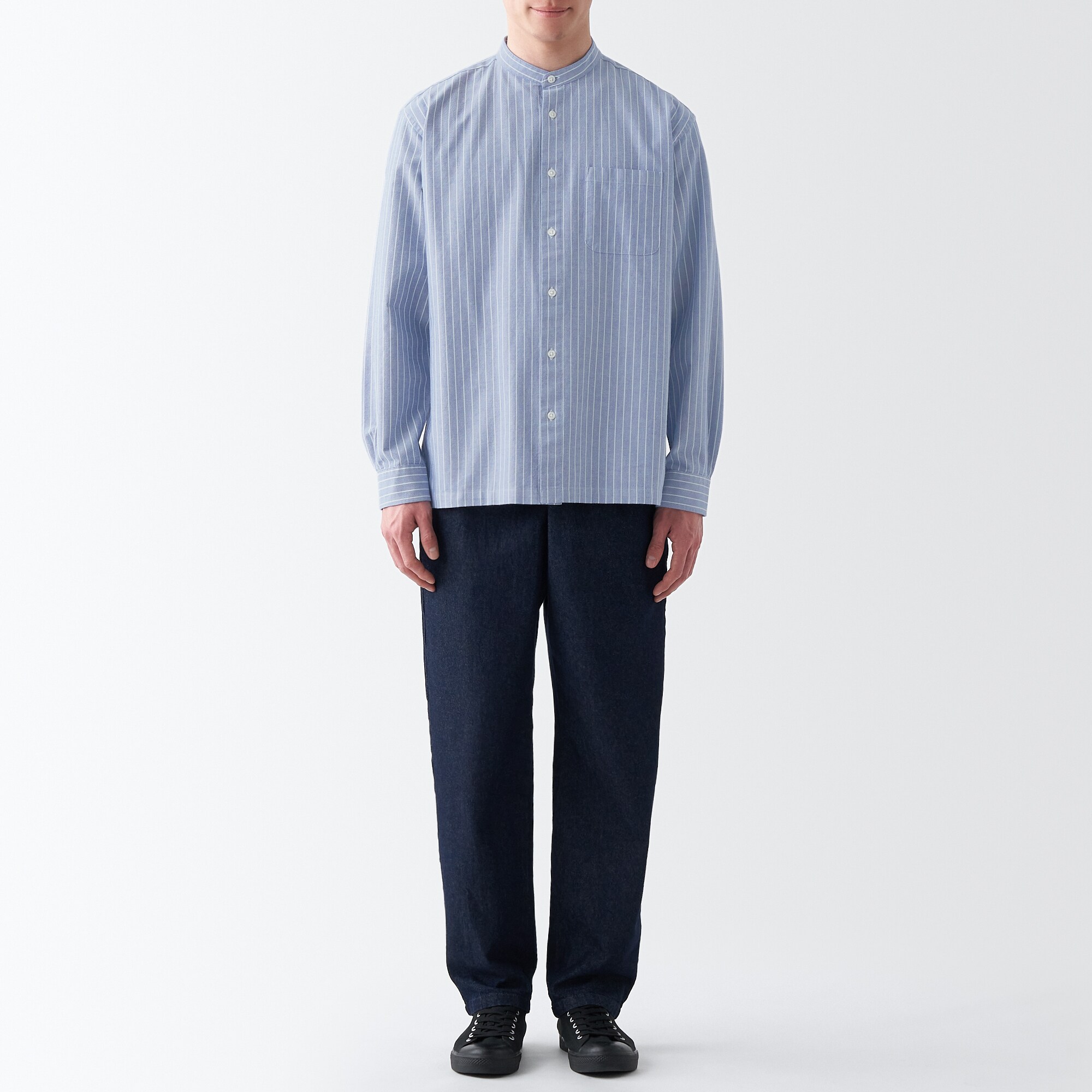 洗いざらしオックススタンドカラー長袖シャツ